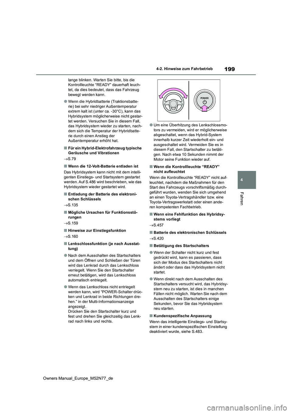 TOYOTA YARIS CROSS 2023 Betriebsanleitungen (in German) 199
4
Owners Manual_Europe_M52N77_de
4-2. Hinweise zum Fahrbetrieb
Fahren
lange blinken. Warten Sie bitte, bis die Kontrollleuchte “READY” dauerhaft leuch-tet, da dies bedeutet, dass das Fahrzeug TOYOTA YARIS CROSS 2023 Betriebsanleitungen (in German) 199
4
Owners Manual_Europe_M52N77_de
4-2. Hinweise zum Fahrbetrieb
Fahren
lange blinken. Warten Sie bitte, bis die Kontrollleuchte “READY” dauerhaft leuch-tet, da dies bedeutet, dass das Fahrzeug