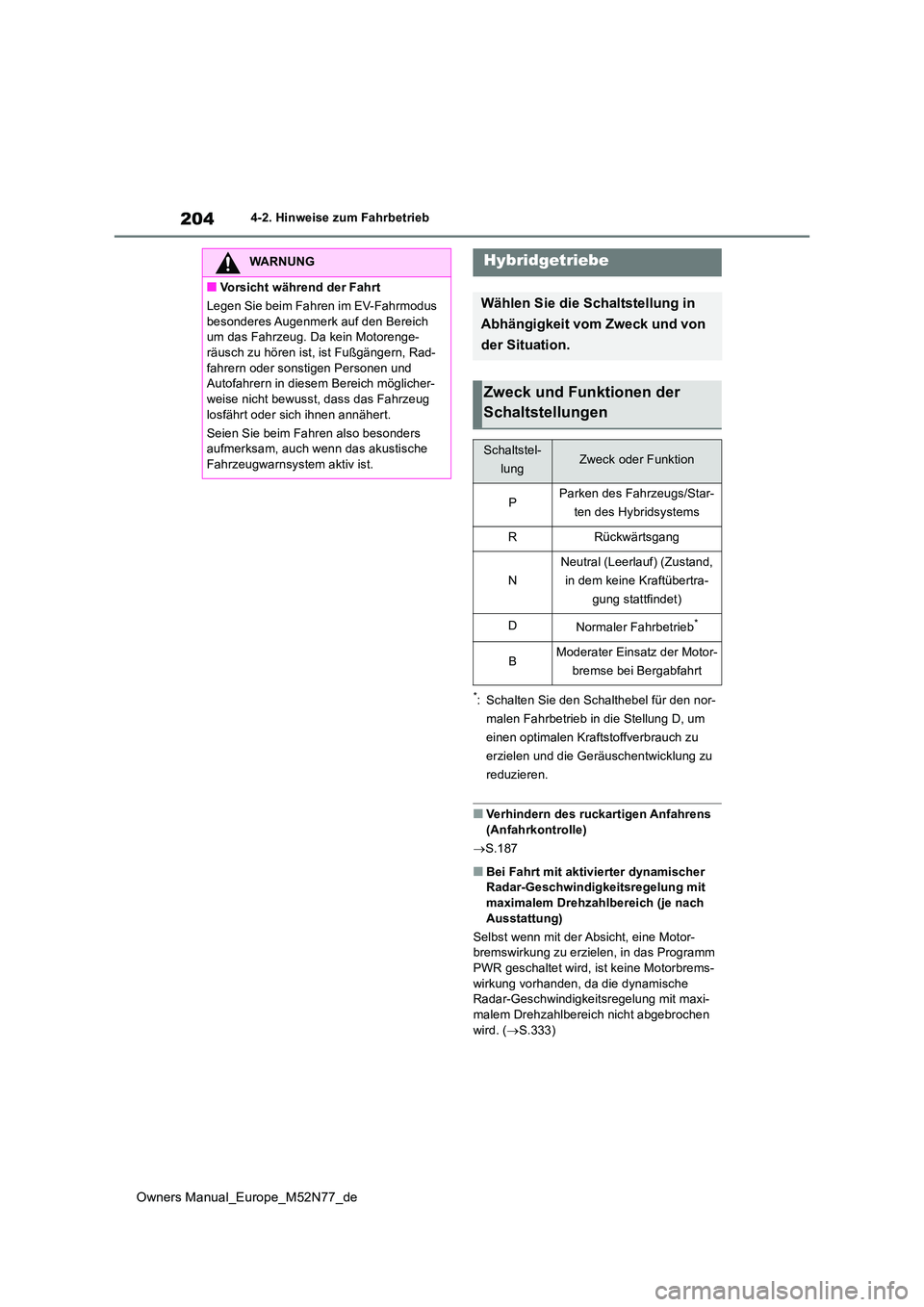 TOYOTA YARIS CROSS 2023 Betriebsanleitungen (in German) 204
Owners Manual_Europe_M52N77_de
4-2. Hinweise zum Fahrbetrieb
*: Schalten Sie den Schalthebel für den nor-
malen Fahrbetrieb in die Stellung D, um
einen optimalen Kraftstoffverbrauch zu
erziele TOYOTA YARIS CROSS 2023 Betriebsanleitungen (in German) 204
Owners Manual_Europe_M52N77_de
4-2. Hinweise zum Fahrbetrieb
*: Schalten Sie den Schalthebel für den nor-
malen Fahrbetrieb in die Stellung D, um
einen optimalen Kraftstoffverbrauch zu
erziele