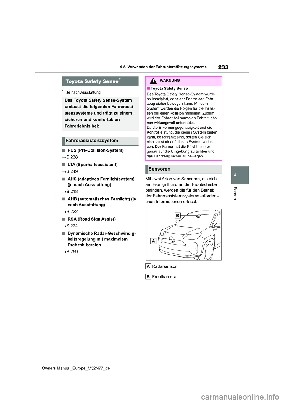 TOYOTA YARIS CROSS 2023 Betriebsanleitungen (in German) 233
4
Owners Manual_Europe_M52N77_de
4-5. Verwenden der Fahrunterstützungssysteme
Fahren
4-5.Verwende n d er Fah runterstü tzungss ysteme
*: Je nach Ausstattung
■PCS (Pre-Collision-System)
S. TOYOTA YARIS CROSS 2023 Betriebsanleitungen (in German) 233
4
Owners Manual_Europe_M52N77_de
4-5. Verwenden der Fahrunterstützungssysteme
Fahren
4-5.Verwende n d er Fah runterstü tzungss ysteme
*: Je nach Ausstattung
■PCS (Pre-Collision-System)
S.