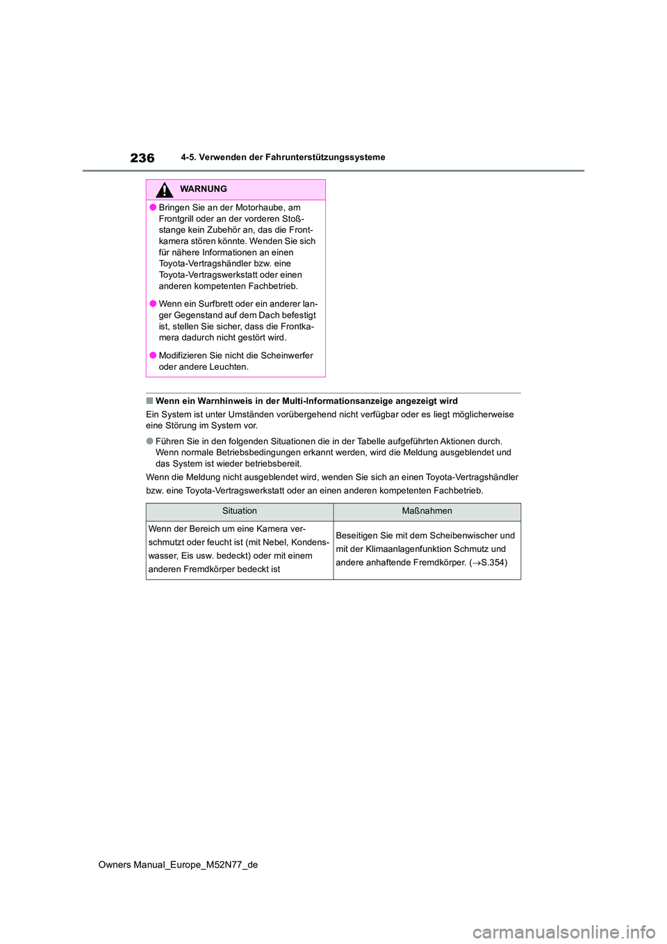 TOYOTA YARIS CROSS 2023  Betriebsanleitungen (in German) 236
Owners Manual_Europe_M52N77_de
4-5. Verwenden der Fahrunterstützungssysteme
■Wenn ein Warnhinweis in der Multi-Informationsanzeige angezeigt wird 
Ein System ist unter Umständen vorübergehend
