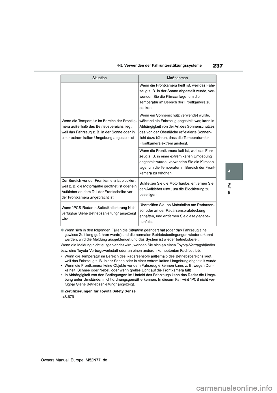 TOYOTA YARIS CROSS 2023  Betriebsanleitungen (in German) 237
4
Owners Manual_Europe_M52N77_de
4-5. Verwenden der Fahrunterstützungssysteme
Fahren
●Wenn sich in den folgenden Fällen die Situation geändert hat (oder das Fahrzeug eine  gewisse Zeit lang g