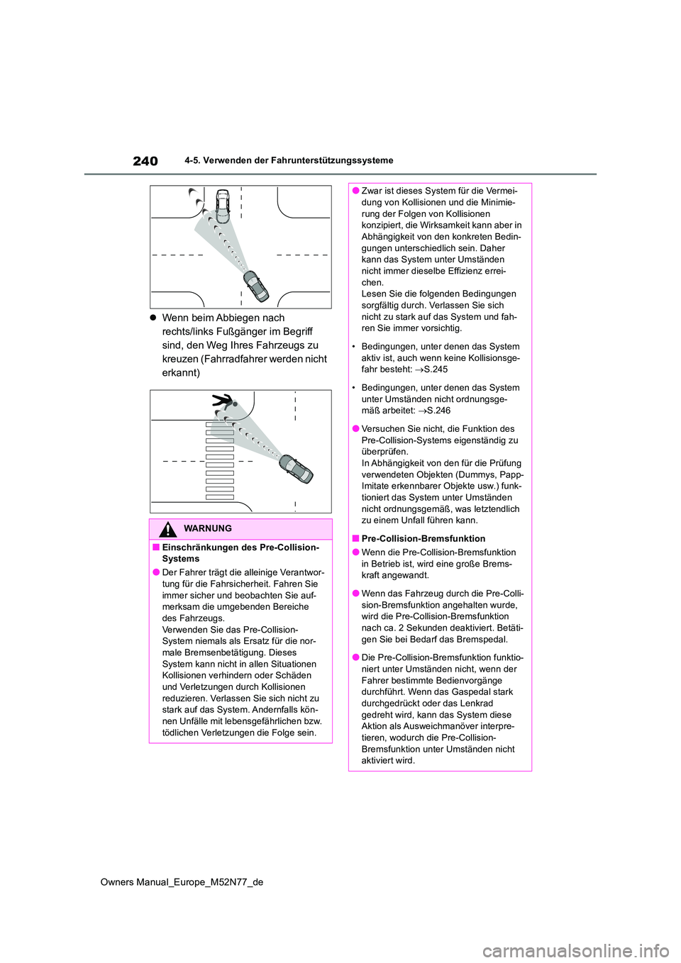 TOYOTA YARIS CROSS 2023 Betriebsanleitungen (in German) 240
Owners Manual_Europe_M52N77_de
4-5. Verwenden der Fahrunterstützungssysteme
Wenn beim Abbiegen nach
rechts/links Fußgänger im Begriff
sind, den Weg Ihres Fahrzeugs zu
kreuzen (Fahrradfah TOYOTA YARIS CROSS 2023 Betriebsanleitungen (in German) 240
Owners Manual_Europe_M52N77_de
4-5. Verwenden der Fahrunterstützungssysteme
Wenn beim Abbiegen nach
rechts/links Fußgänger im Begriff
sind, den Weg Ihres Fahrzeugs zu
kreuzen (Fahrradfah