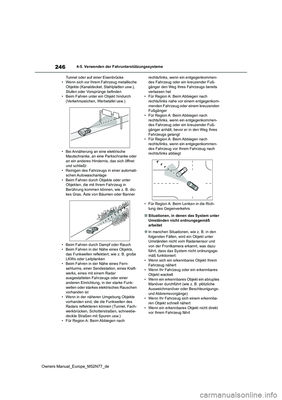 TOYOTA YARIS CROSS 2023 Betriebsanleitungen (in German) 246
Owners Manual_Europe_M52N77_de
4-5. Verwenden der Fahrunterstützungssysteme
Tunnel oder auf einer Eisenbrücke • Wenn sich vor Ihrem Fahrzeug metallische Objekte (Kanaldeckel, Stahlplatten usw TOYOTA YARIS CROSS 2023 Betriebsanleitungen (in German) 246
Owners Manual_Europe_M52N77_de
4-5. Verwenden der Fahrunterstützungssysteme
Tunnel oder auf einer Eisenbrücke • Wenn sich vor Ihrem Fahrzeug metallische Objekte (Kanaldeckel, Stahlplatten usw