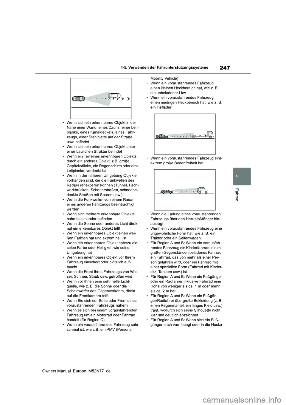 TOYOTA YARIS CROSS 2023 Betriebsanleitungen (in German) 247
4
Owners Manual_Europe_M52N77_de
4-5. Verwenden der Fahrunterstützungssysteme
Fahren
• Wenn sich ein erkennbares Objekt in der Nähe einer Wand, eines Zauns, einer Leit-planke, eines Kanaldeck TOYOTA YARIS CROSS 2023 Betriebsanleitungen (in German) 247
4
Owners Manual_Europe_M52N77_de
4-5. Verwenden der Fahrunterstützungssysteme
Fahren
• Wenn sich ein erkennbares Objekt in der Nähe einer Wand, eines Zauns, einer Leit-planke, eines Kanaldeck