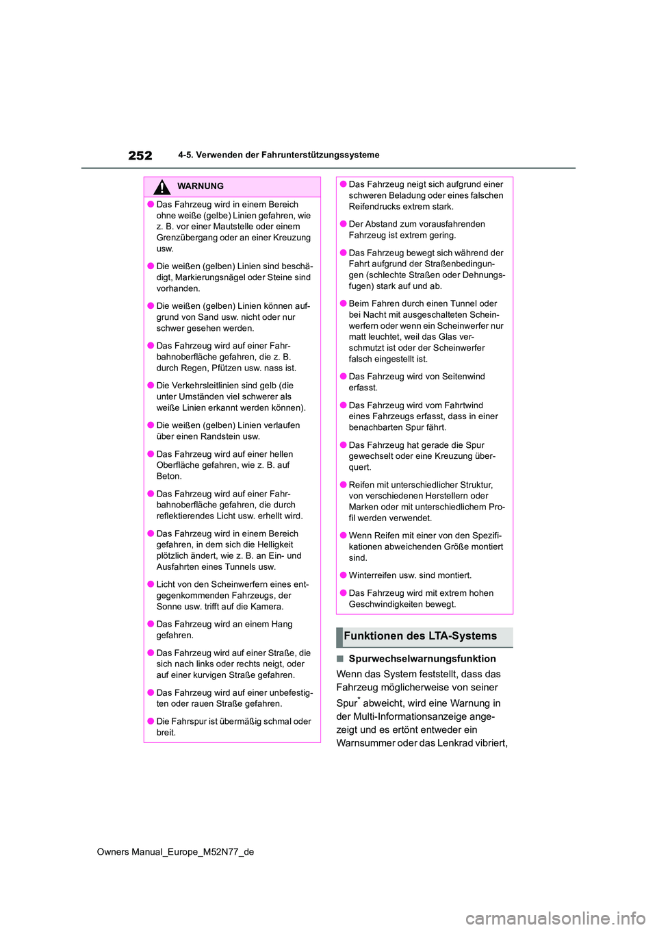 TOYOTA YARIS CROSS 2023 Betriebsanleitungen (in German) 252
Owners Manual_Europe_M52N77_de
4-5. Verwenden der Fahrunterstützungssysteme
■Spurwechselwarnungsfunktion
Wenn das System feststellt, dass das
Fahrzeug möglicherweise von seiner
Spur* abwe TOYOTA YARIS CROSS 2023 Betriebsanleitungen (in German) 252
Owners Manual_Europe_M52N77_de
4-5. Verwenden der Fahrunterstützungssysteme
■Spurwechselwarnungsfunktion
Wenn das System feststellt, dass das
Fahrzeug möglicherweise von seiner
Spur* abwe