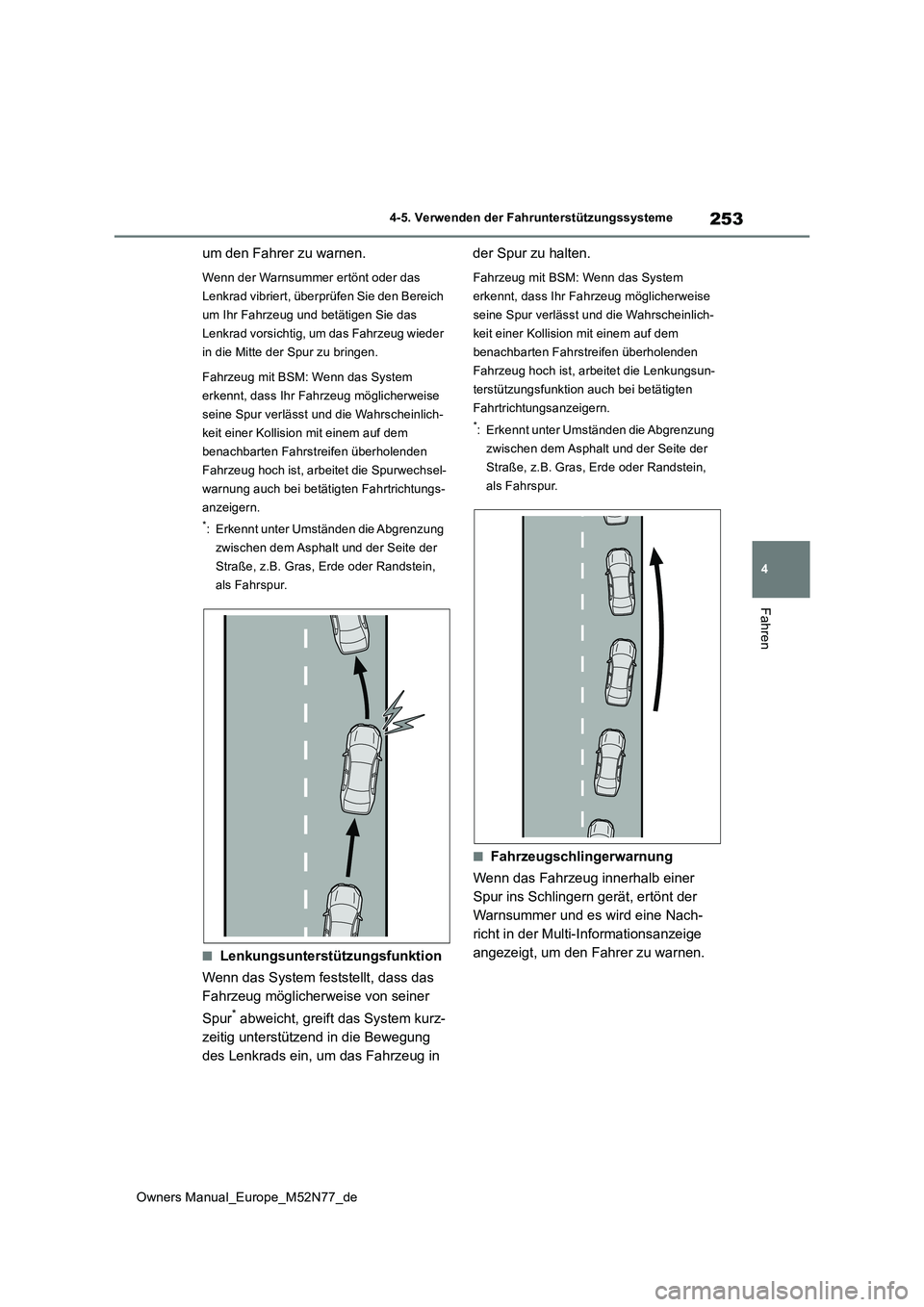 TOYOTA YARIS CROSS 2023 Betriebsanleitungen (in German) 253
4
Owners Manual_Europe_M52N77_de
4-5. Verwenden der Fahrunterstützungssysteme
Fahren
um den Fahrer zu warnen.
Wenn der Warnsummer ertönt oder das
Lenkrad vibriert, überprüfen Sie den Bereich TOYOTA YARIS CROSS 2023 Betriebsanleitungen (in German) 253
4
Owners Manual_Europe_M52N77_de
4-5. Verwenden der Fahrunterstützungssysteme
Fahren
um den Fahrer zu warnen.
Wenn der Warnsummer ertönt oder das
Lenkrad vibriert, überprüfen Sie den Bereich