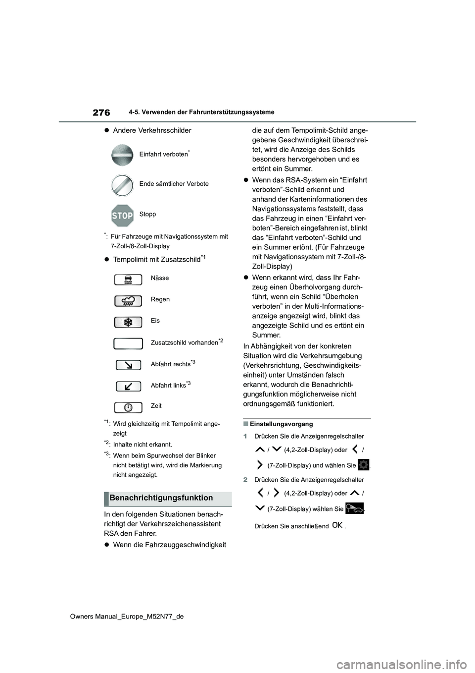 TOYOTA YARIS CROSS 2023  Betriebsanleitungen (in German) 276
Owners Manual_Europe_M52N77_de
4-5. Verwenden der Fahrunterstützungssysteme
Andere Verkehrsschilder
*: Für Fahrzeuge mit Navigationssystem mit  
7-Zoll-/8-Zoll-Display
 Tempolimit mit Zusa