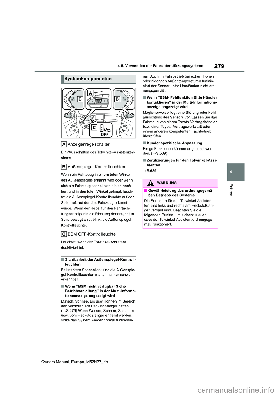 TOYOTA YARIS CROSS 2023 Betriebsanleitungen (in German) 279
4
Owners Manual_Europe_M52N77_de
4-5. Verwenden der Fahrunterstützungssysteme
Fahren
Anzeigenregelschalter
Ein-/Ausschalten des Totwinkel-Assistenzsy-
stems.
Außenspiegel-Kontrollleuchten
Wenn TOYOTA YARIS CROSS 2023 Betriebsanleitungen (in German) 279
4
Owners Manual_Europe_M52N77_de
4-5. Verwenden der Fahrunterstützungssysteme
Fahren
Anzeigenregelschalter
Ein-/Ausschalten des Totwinkel-Assistenzsy-
stems.
Außenspiegel-Kontrollleuchten
Wenn