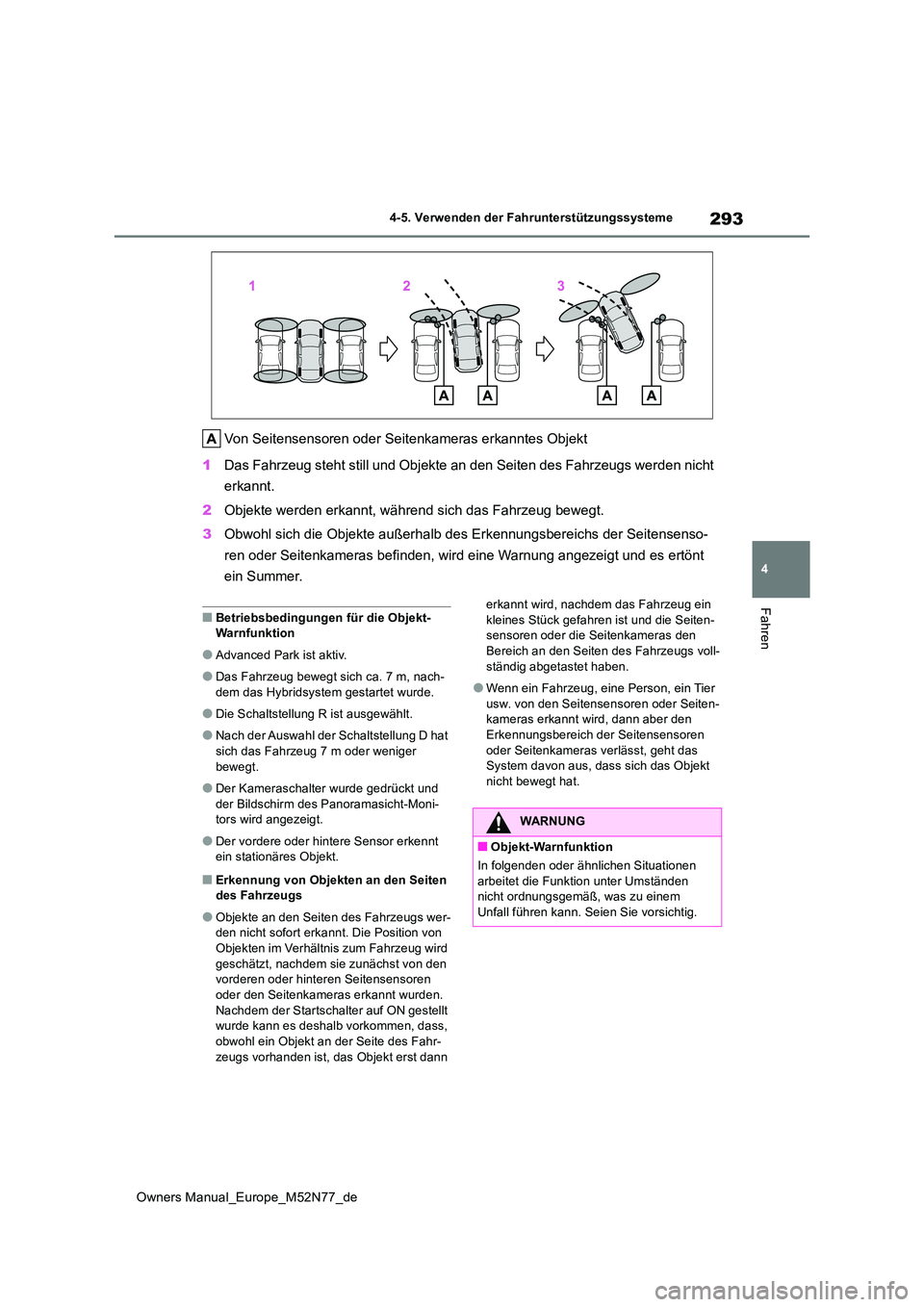 TOYOTA YARIS CROSS 2023  Betriebsanleitungen (in German) 293
4
Owners Manual_Europe_M52N77_de
4-5. Verwenden der Fahrunterstützungssysteme
Fahren
Von Seitensensoren oder Seitenkameras erkanntes Objekt 
1 Das Fahrzeug steht still und Objekte an den Seiten d