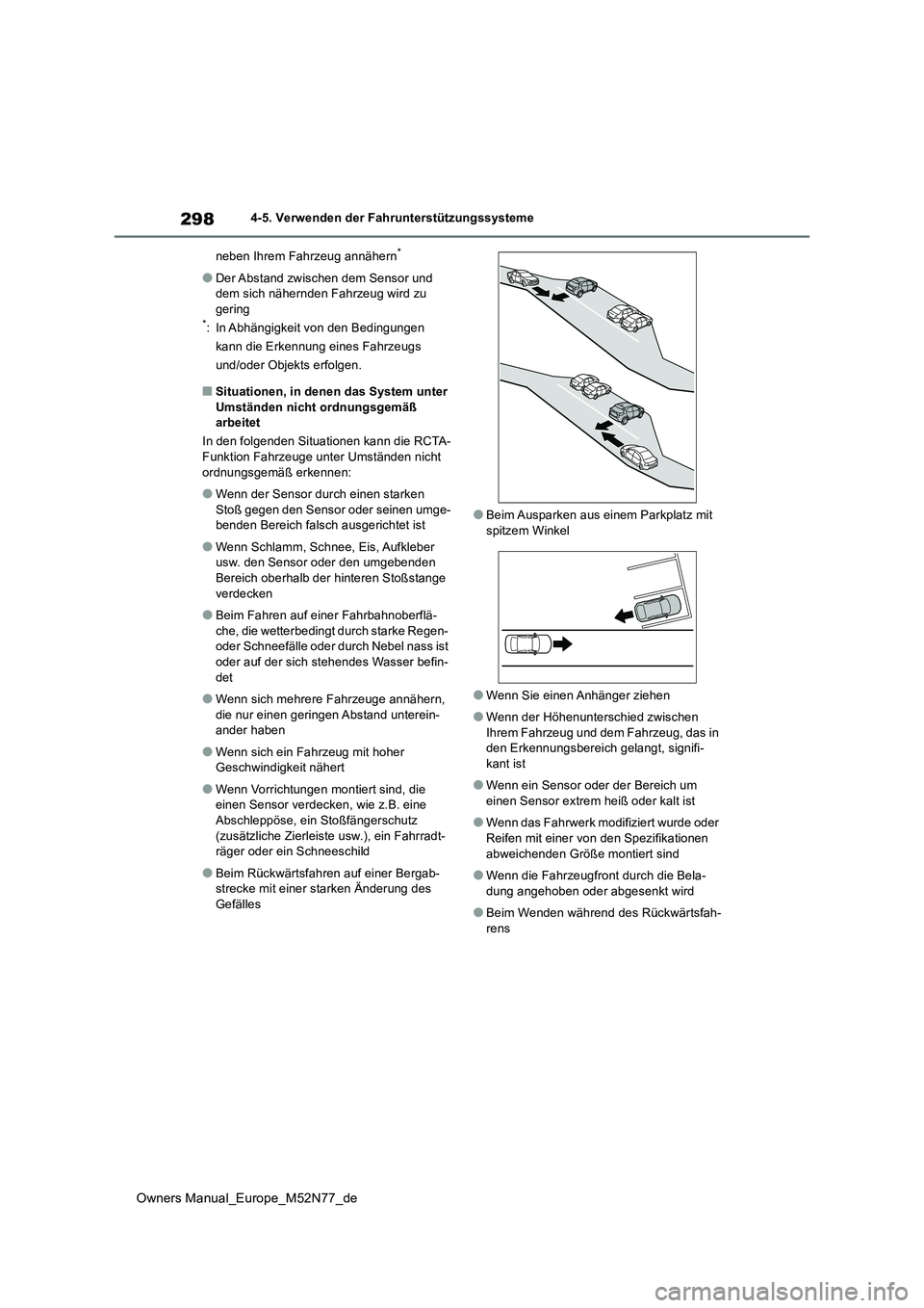TOYOTA YARIS CROSS 2023  Betriebsanleitungen (in German) 298
Owners Manual_Europe_M52N77_de
4-5. Verwenden der Fahrunterstützungssysteme 
neben Ihrem Fahrzeug annähern*
●Der Abstand zwischen dem Sensor und  dem sich nähernden Fahrzeug wird zu  
gering*
