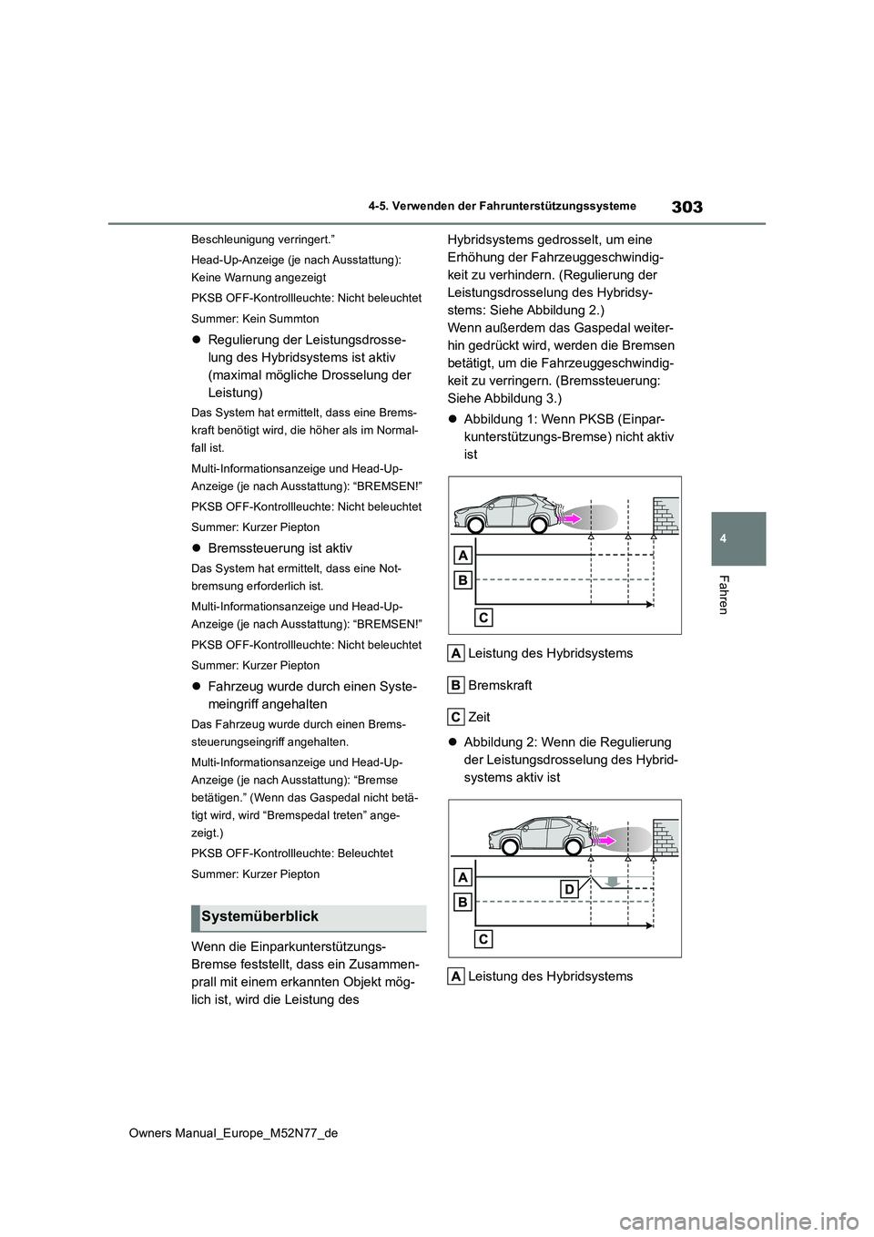 TOYOTA YARIS CROSS 2023  Betriebsanleitungen (in German) 303
4
Owners Manual_Europe_M52N77_de
4-5. Verwenden der Fahrunterstützungssysteme
Fahren
Beschleunigung verringert.” 
Head-Up-Anzeige (je nach Ausstattung):  
Keine Warnung angezeigt 
PKSB OFF-Kont