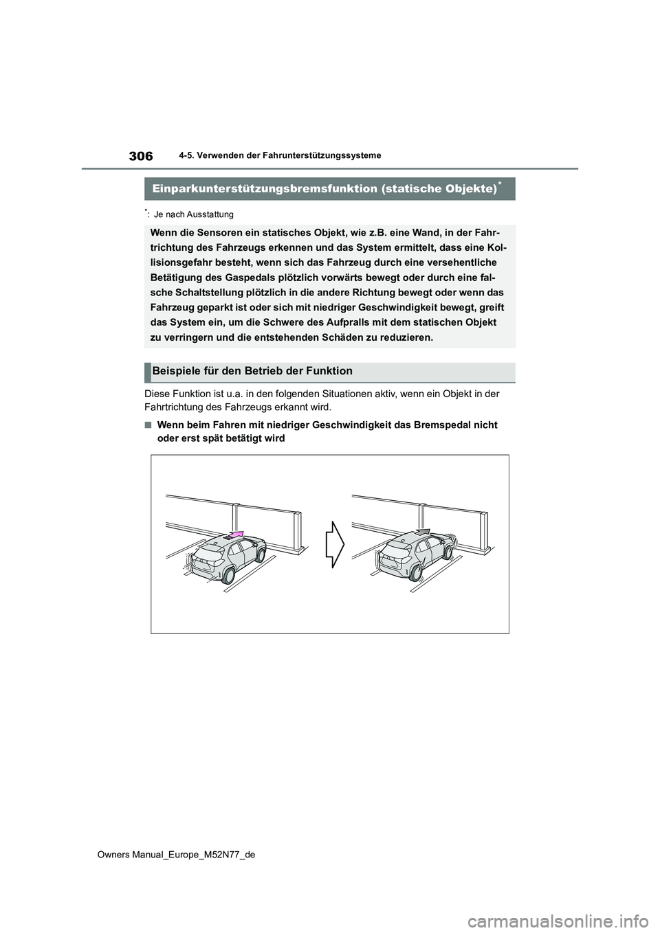TOYOTA YARIS CROSS 2023  Betriebsanleitungen (in German) 306
Owners Manual_Europe_M52N77_de
4-5. Verwenden der Fahrunterstützungssysteme
*: Je nach Ausstattung
Diese Funktion ist u.a. in den folgenden Situationen aktiv, wenn ein Objekt in der  
Fahrtrichtu