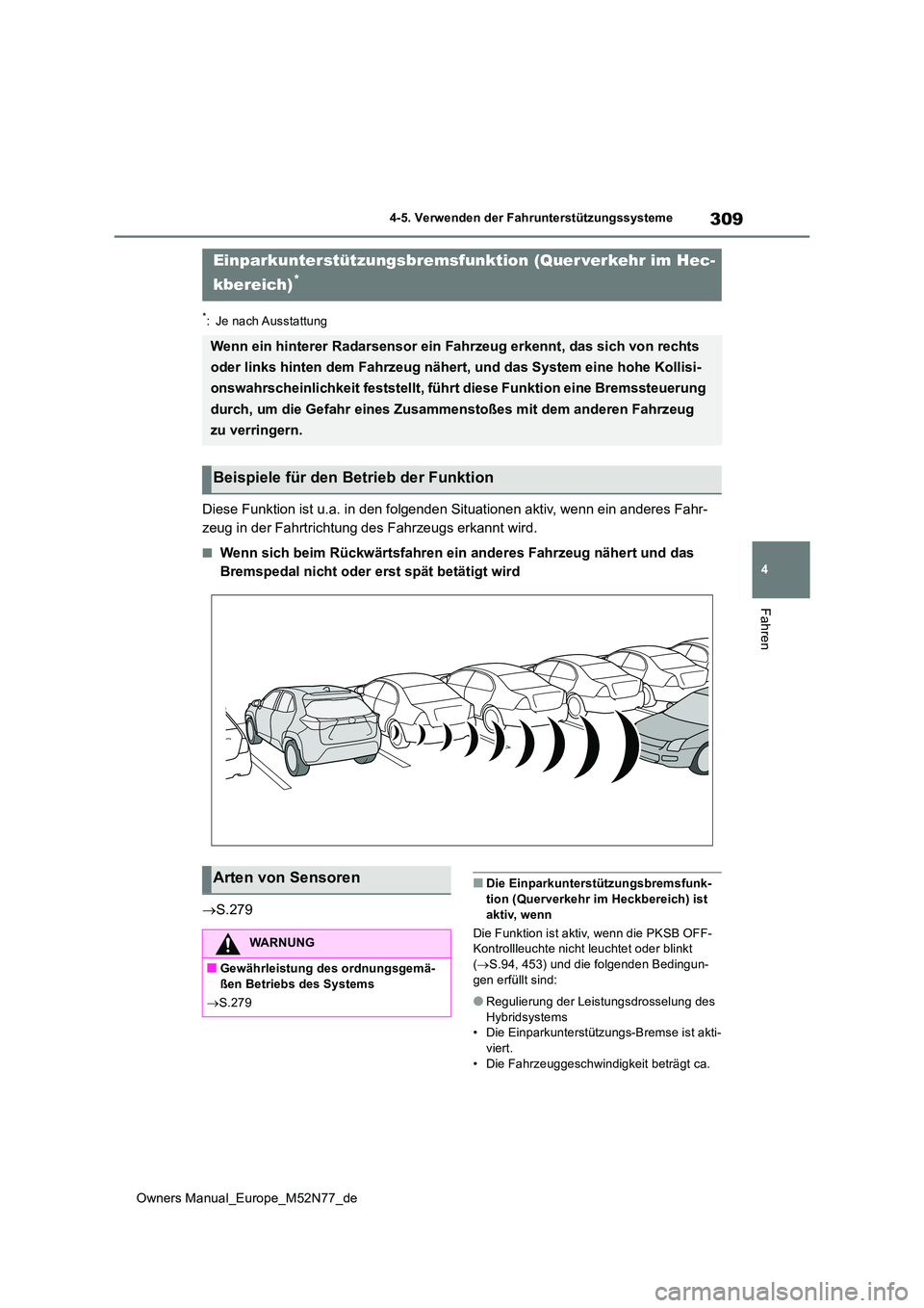 TOYOTA YARIS CROSS 2023  Betriebsanleitungen (in German) 309
4
Owners Manual_Europe_M52N77_de
4-5. Verwenden der Fahrunterstützungssysteme
Fahren
*: Je nach Ausstattung
Diese Funktion ist u.a. in den folgenden Situationen aktiv, wenn ein anderes Fahr- 
zeu