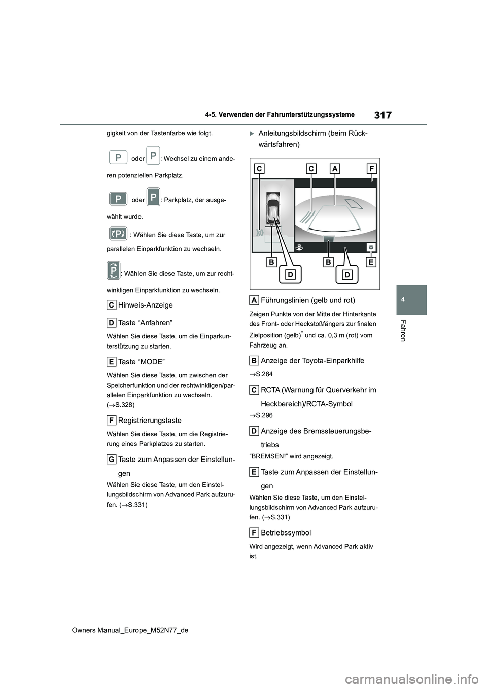 TOYOTA YARIS CROSS 2023  Betriebsanleitungen (in German) 317
4
Owners Manual_Europe_M52N77_de
4-5. Verwenden der Fahrunterstützungssysteme
Fahren
gigkeit von der Tastenfarbe wie folgt. 
 oder  : Wechsel zu einem ande- 
ren potenziellen Parkplatz. 
 oder  :