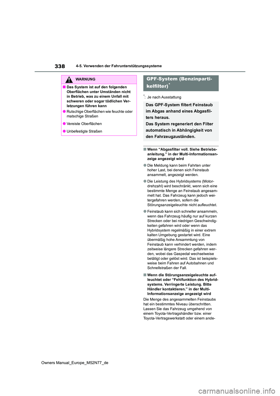 TOYOTA YARIS CROSS 2023  Betriebsanleitungen (in German) 338
Owners Manual_Europe_M52N77_de
4-5. Verwenden der Fahrunterstützungssysteme
*: Je nach Ausstattung
■Wenn “Abgasfilter voll. Siehe Betriebs- anleitung.” in der Multi-Informationsan-zeige ang