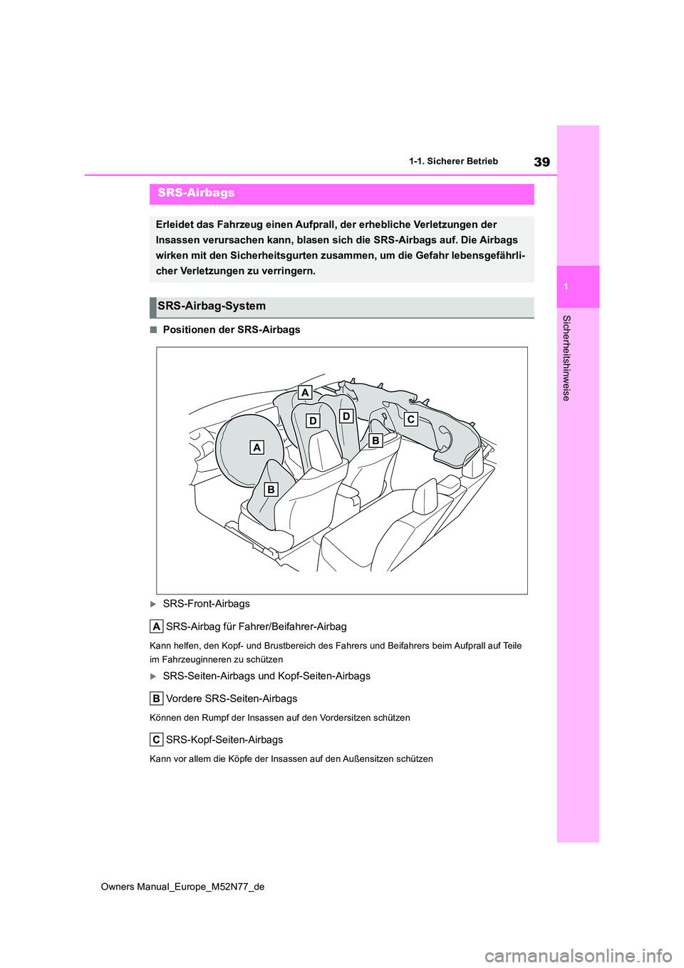 TOYOTA YARIS CROSS 2023  Betriebsanleitungen (in German) 39
1
Owners Manual_Europe_M52N77_de
1-1. Sicherer Betrieb
Sicherheitshinweise
■Positionen der SRS-Airbags
SRS-Front-Airbags 
SRS-Airbag für Fahrer/Beifahrer-Airbag
Kann helfen, den Kopf- und Bru