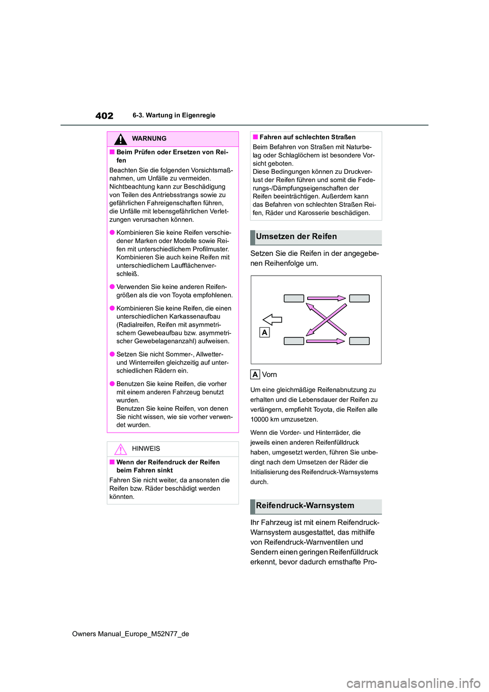 TOYOTA YARIS CROSS 2023 Betriebsanleitungen (in German) 402
Owners Manual_Europe_M52N77_de
6-3. Wartung in Eigenregie
Setzen Sie die Reifen in der angegebe-
nen Reihenfolge um.
Vo rn
Um eine gleichmäßige Reifenabnutzung zu
erhalten und die Lebensdaue TOYOTA YARIS CROSS 2023 Betriebsanleitungen (in German) 402
Owners Manual_Europe_M52N77_de
6-3. Wartung in Eigenregie
Setzen Sie die Reifen in der angegebe-
nen Reihenfolge um.
Vo rn
Um eine gleichmäßige Reifenabnutzung zu
erhalten und die Lebensdaue