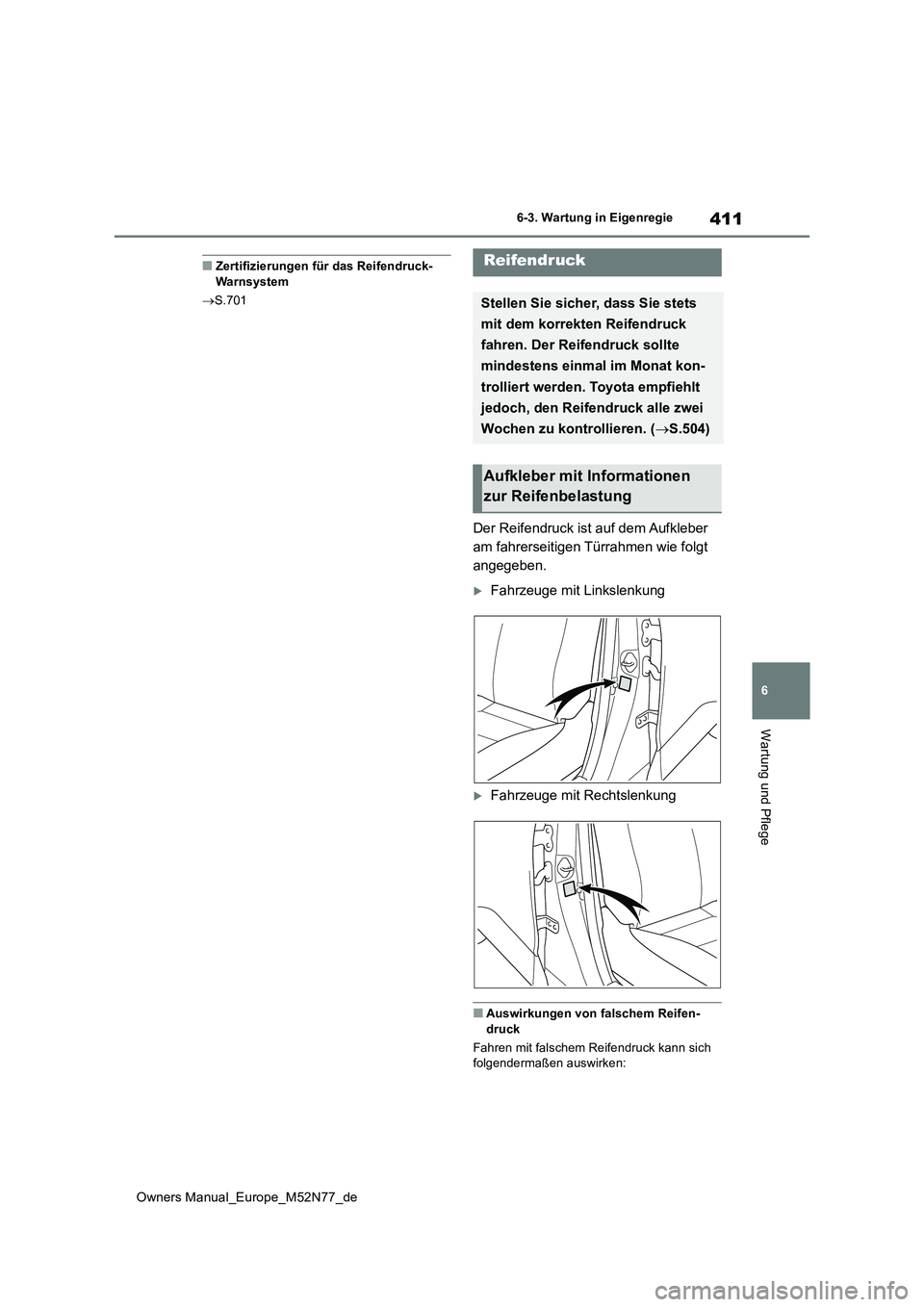 TOYOTA YARIS CROSS 2023 Betriebsanleitungen (in German) 411
6
Owners Manual_Europe_M52N77_de
6-3. Wartung in Eigenregie
Wartung und Pflege
■Zertifizierungen für das Reifendruck- Warnsystem
S.701
Der Reifendruck ist auf dem Aufkleber
am fahrerseit TOYOTA YARIS CROSS 2023 Betriebsanleitungen (in German) 411
6
Owners Manual_Europe_M52N77_de
6-3. Wartung in Eigenregie
Wartung und Pflege
■Zertifizierungen für das Reifendruck- Warnsystem
S.701
Der Reifendruck ist auf dem Aufkleber
am fahrerseit