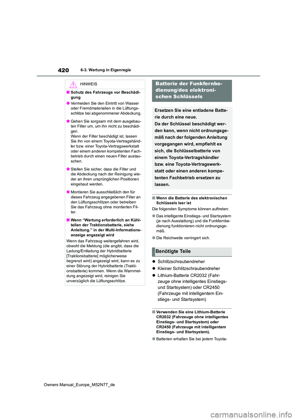 TOYOTA YARIS CROSS 2023 Betriebsanleitungen (in German) 420
Owners Manual_Europe_M52N77_de
6-3. Wartung in Eigenregie
■Wenn die Batterie des elektronischen Schlüssels leer ist
Die folgenden Symptome können auftreten:
●Das intelligente Einstiegs- un TOYOTA YARIS CROSS 2023 Betriebsanleitungen (in German) 420
Owners Manual_Europe_M52N77_de
6-3. Wartung in Eigenregie
■Wenn die Batterie des elektronischen Schlüssels leer ist
Die folgenden Symptome können auftreten:
●Das intelligente Einstiegs- un