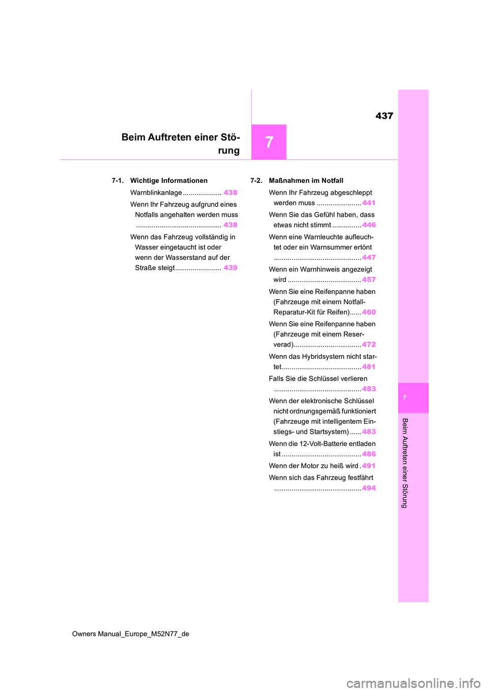 TOYOTA YARIS CROSS 2023 Betriebsanleitungen (in German) 7
437
Owners Manual_Europe_M52N77_de
7
Beim Auftreten einer Störung
Beim Auftreten einer Stö-
rung
7-1. Wichtige Informationen
Warnblinkanlage .................... 438
Wenn Ihr Fahrzeug aufgrund TOYOTA YARIS CROSS 2023 Betriebsanleitungen (in German) 7
437
Owners Manual_Europe_M52N77_de
7
Beim Auftreten einer Störung
Beim Auftreten einer Stö-
rung
7-1. Wichtige Informationen
Warnblinkanlage .................... 438
Wenn Ihr Fahrzeug aufgrund