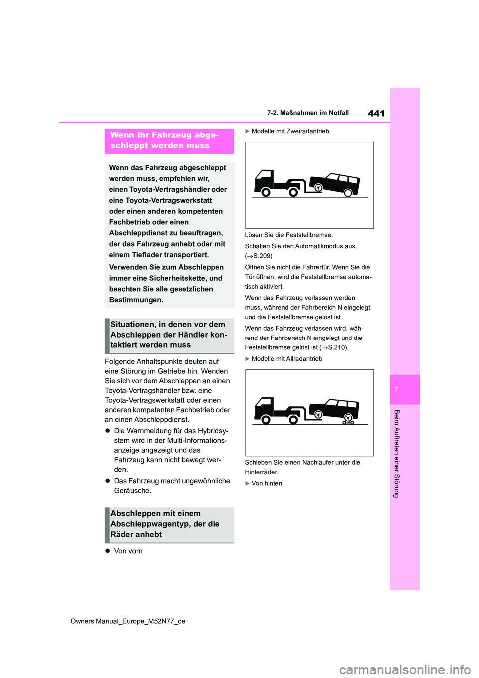TOYOTA YARIS CROSS 2023 Betriebsanleitungen (in German) 441
7
Owners Manual_Europe_M52N77_de
7-2. Maßnahmen im Notfall
Beim Auftreten einer Störung
7-2.Maßna hmen im Notfall
Folgende Anhaltspunkte deuten auf
eine Störung im Getriebe hin. Wenden
Sie TOYOTA YARIS CROSS 2023 Betriebsanleitungen (in German) 441
7
Owners Manual_Europe_M52N77_de
7-2. Maßnahmen im Notfall
Beim Auftreten einer Störung
7-2.Maßna hmen im Notfall
Folgende Anhaltspunkte deuten auf
eine Störung im Getriebe hin. Wenden
Sie