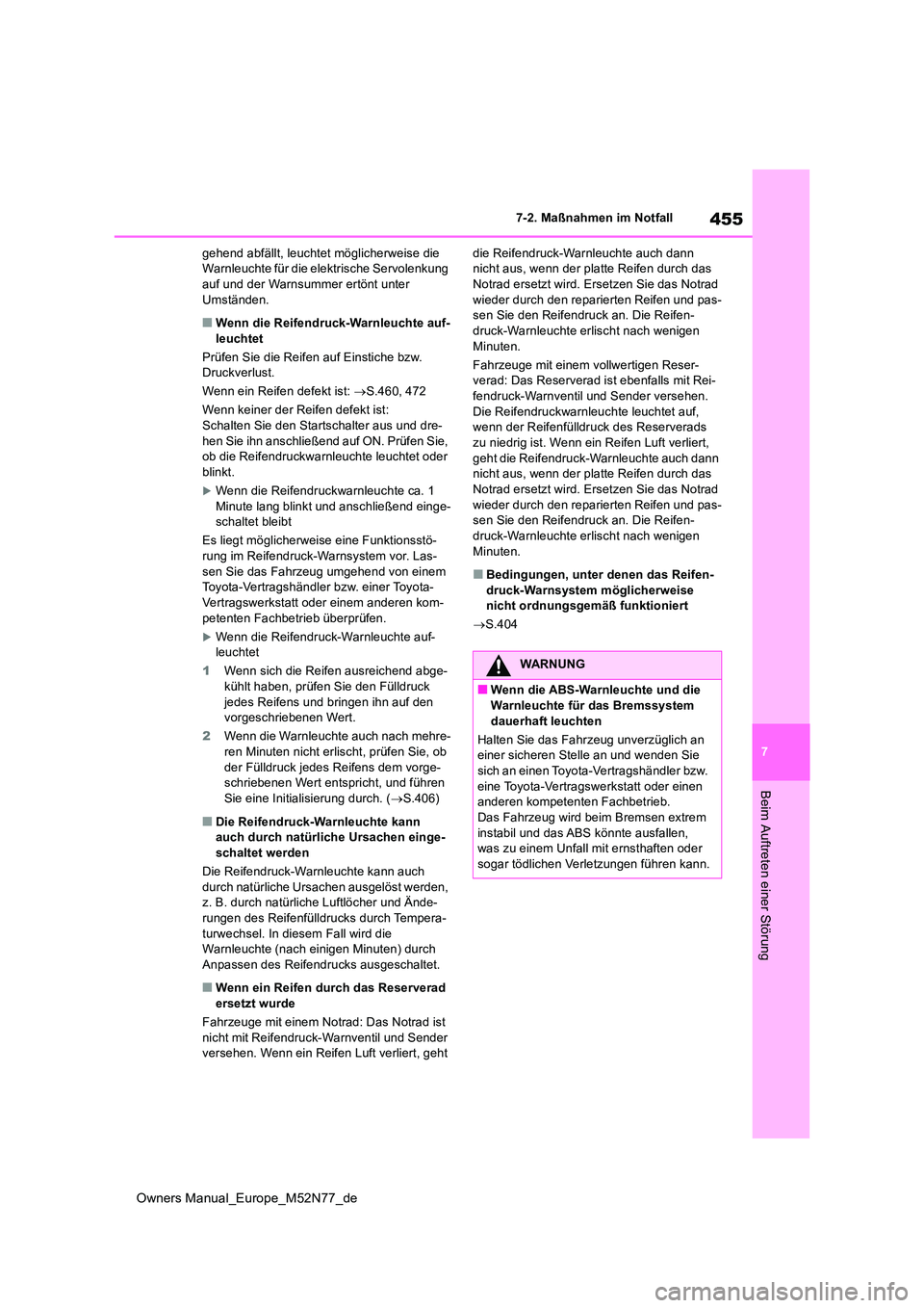 TOYOTA YARIS CROSS 2023  Betriebsanleitungen (in German) 455
7
Owners Manual_Europe_M52N77_de
7-2. Maßnahmen im Notfall
Beim Auftreten einer Störung
gehend abfällt, leuchtet möglicherweise die  Warnleuchte für die elektrische Servolenkung auf und der W