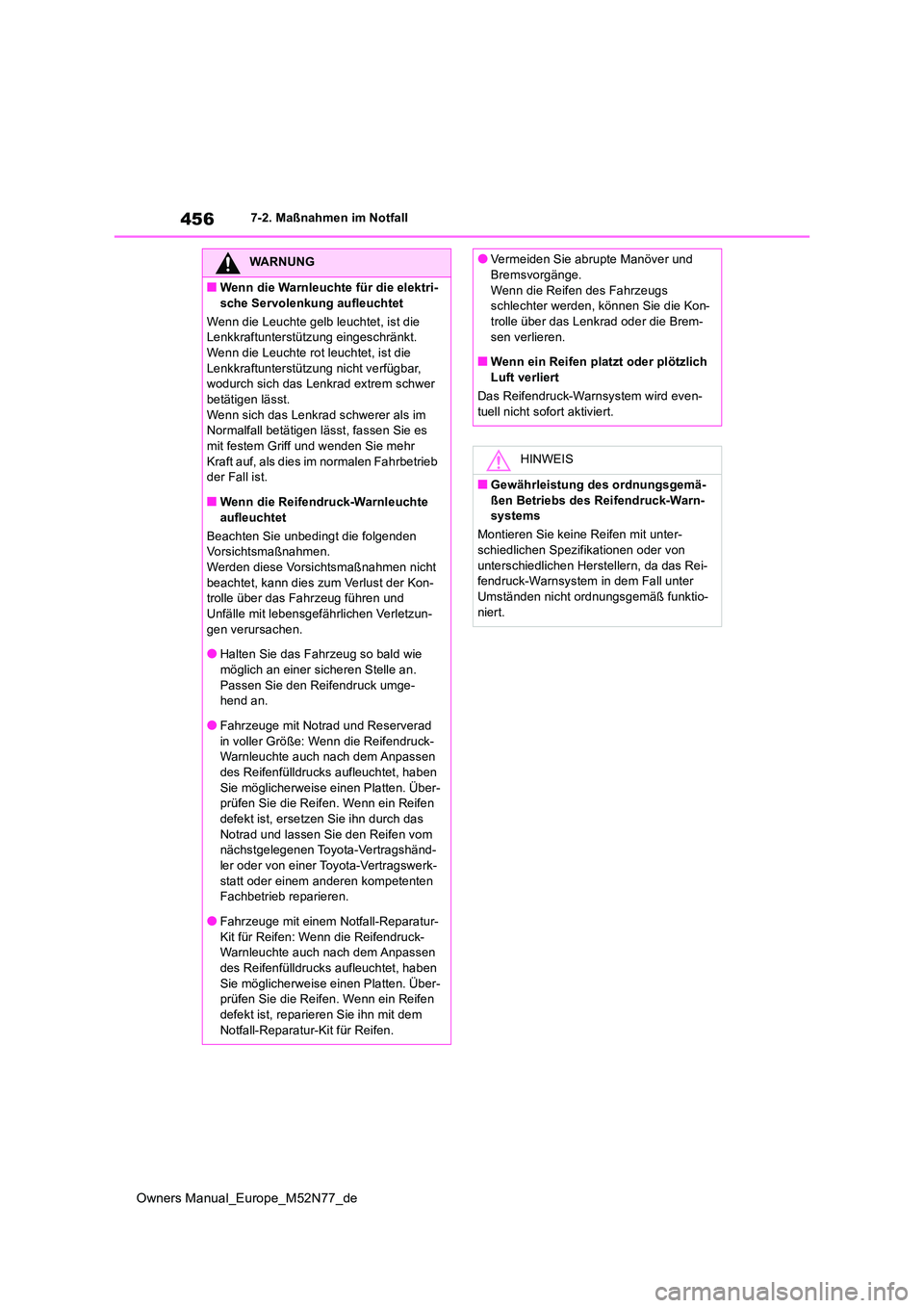 TOYOTA YARIS CROSS 2023  Betriebsanleitungen (in German) 456
Owners Manual_Europe_M52N77_de
7-2. Maßnahmen im Notfall
WARNUNG
■Wenn die Warnleuchte für die elektri- 
sche Servolenkung aufleuchtet 
Wenn die Leuchte gelb leuchtet, ist die  Lenkkraftunters