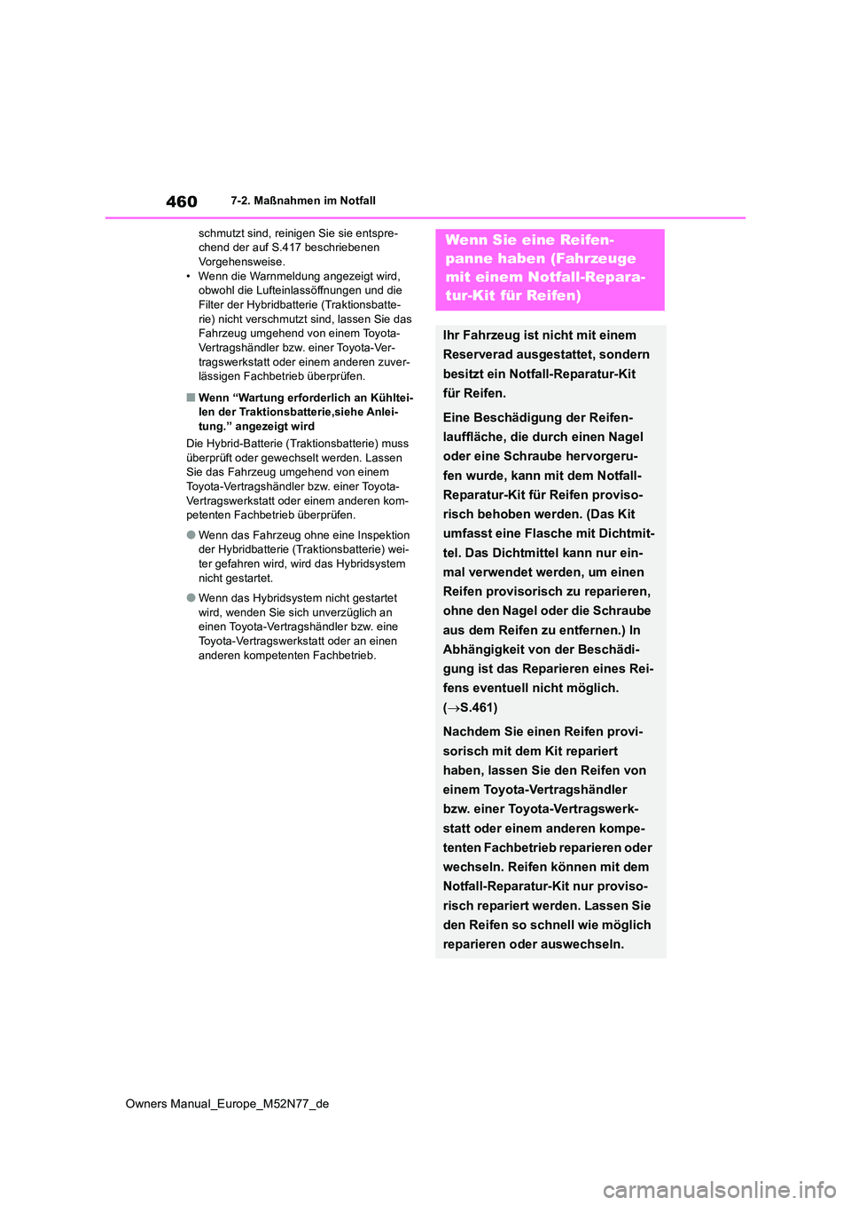 TOYOTA YARIS CROSS 2023 Betriebsanleitungen (in German) 460
Owners Manual_Europe_M52N77_de
7-2. Maßnahmen im Notfall
schmutzt sind, reinigen Sie sie entspre- chend der auf S.417 beschriebenen Vorgehensweise.
• Wenn die Warnmeldung angezeigt wird, obw TOYOTA YARIS CROSS 2023 Betriebsanleitungen (in German) 460
Owners Manual_Europe_M52N77_de
7-2. Maßnahmen im Notfall
schmutzt sind, reinigen Sie sie entspre- chend der auf S.417 beschriebenen Vorgehensweise.
• Wenn die Warnmeldung angezeigt wird, obw