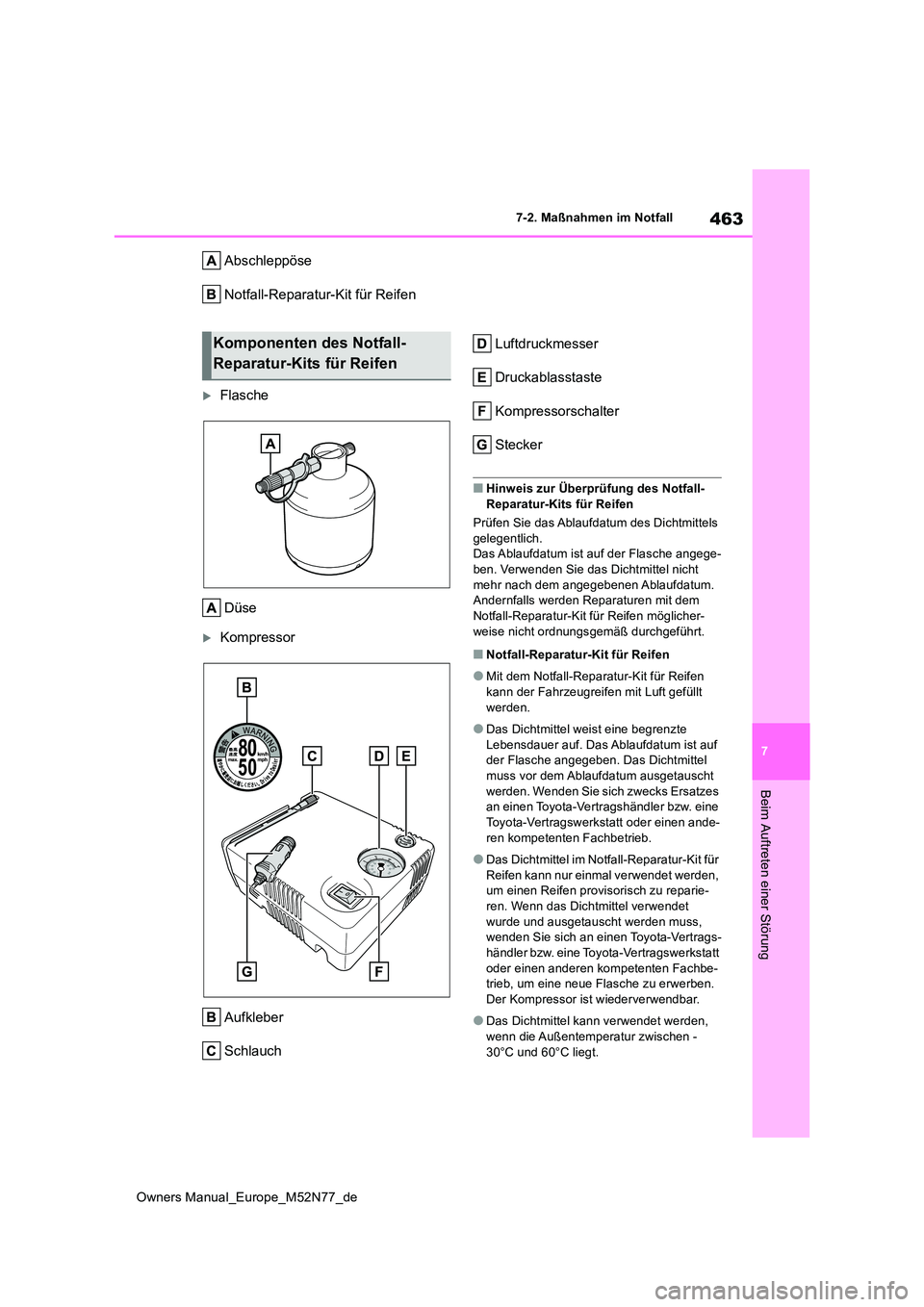 TOYOTA YARIS CROSS 2023 Betriebsanleitungen (in German) 463
7
Owners Manual_Europe_M52N77_de
7-2. Maßnahmen im Notfall
Beim Auftreten einer Störung
Abschleppöse
Notfall-Reparatur-Kit für Reifen
Flasche
Düse
Kompressor
Aufkleber
Schlauch
Luf TOYOTA YARIS CROSS 2023 Betriebsanleitungen (in German) 463
7
Owners Manual_Europe_M52N77_de
7-2. Maßnahmen im Notfall
Beim Auftreten einer Störung
Abschleppöse
Notfall-Reparatur-Kit für Reifen
Flasche
Düse
Kompressor
Aufkleber
Schlauch
Luf