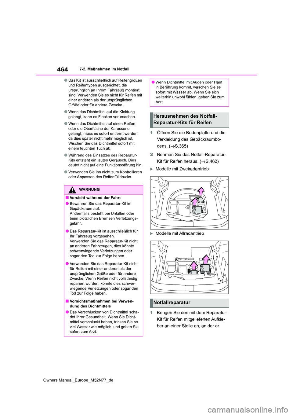 TOYOTA YARIS CROSS 2023 Betriebsanleitungen (in German) 464
Owners Manual_Europe_M52N77_de
7-2. Maßnahmen im Notfall
●Das Kit ist ausschließlich auf Reifengrößen und Reifentypen ausgerichtet, die ursprünglich an Ihrem Fahrzeug montiert
sind. Verw TOYOTA YARIS CROSS 2023 Betriebsanleitungen (in German) 464
Owners Manual_Europe_M52N77_de
7-2. Maßnahmen im Notfall
●Das Kit ist ausschließlich auf Reifengrößen und Reifentypen ausgerichtet, die ursprünglich an Ihrem Fahrzeug montiert
sind. Verw