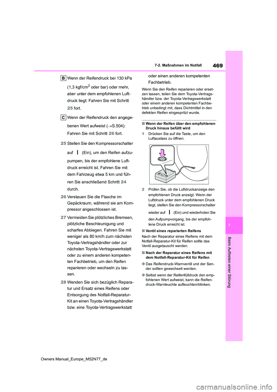 TOYOTA YARIS CROSS 2023 Betriebsanleitungen (in German) 469
7
Owners Manual_Europe_M52N77_de
7-2. Maßnahmen im Notfall
Beim Auftreten einer Störung
Wenn der Reifendruck bei 130 kPa
(1,3 kgf/cm2 oder bar) oder mehr,
aber unter dem empfohlenen Luft-
dr TOYOTA YARIS CROSS 2023 Betriebsanleitungen (in German) 469
7
Owners Manual_Europe_M52N77_de
7-2. Maßnahmen im Notfall
Beim Auftreten einer Störung
Wenn der Reifendruck bei 130 kPa
(1,3 kgf/cm2 oder bar) oder mehr,
aber unter dem empfohlenen Luft-
dr