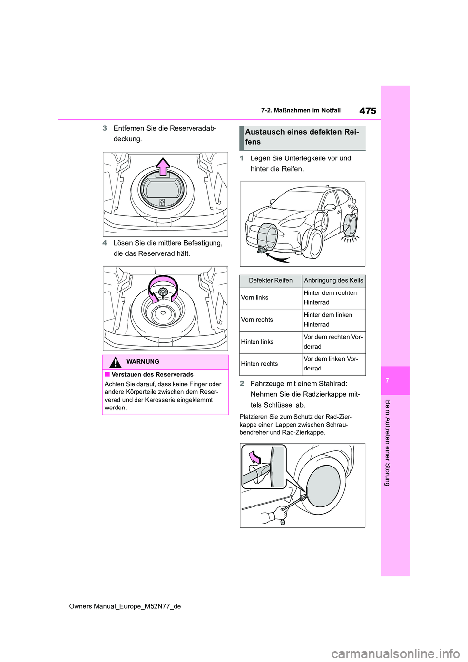 TOYOTA YARIS CROSS 2023 Betriebsanleitungen (in German) 475
7
Owners Manual_Europe_M52N77_de
7-2. Maßnahmen im Notfall
Beim Auftreten einer Störung
3Entfernen Sie die Reserveradab-
deckung.
4 Lösen Sie die mittlere Befestigung,
die das Reserverad h TOYOTA YARIS CROSS 2023 Betriebsanleitungen (in German) 475
7
Owners Manual_Europe_M52N77_de
7-2. Maßnahmen im Notfall
Beim Auftreten einer Störung
3Entfernen Sie die Reserveradab-
deckung.
4 Lösen Sie die mittlere Befestigung,
die das Reserverad h