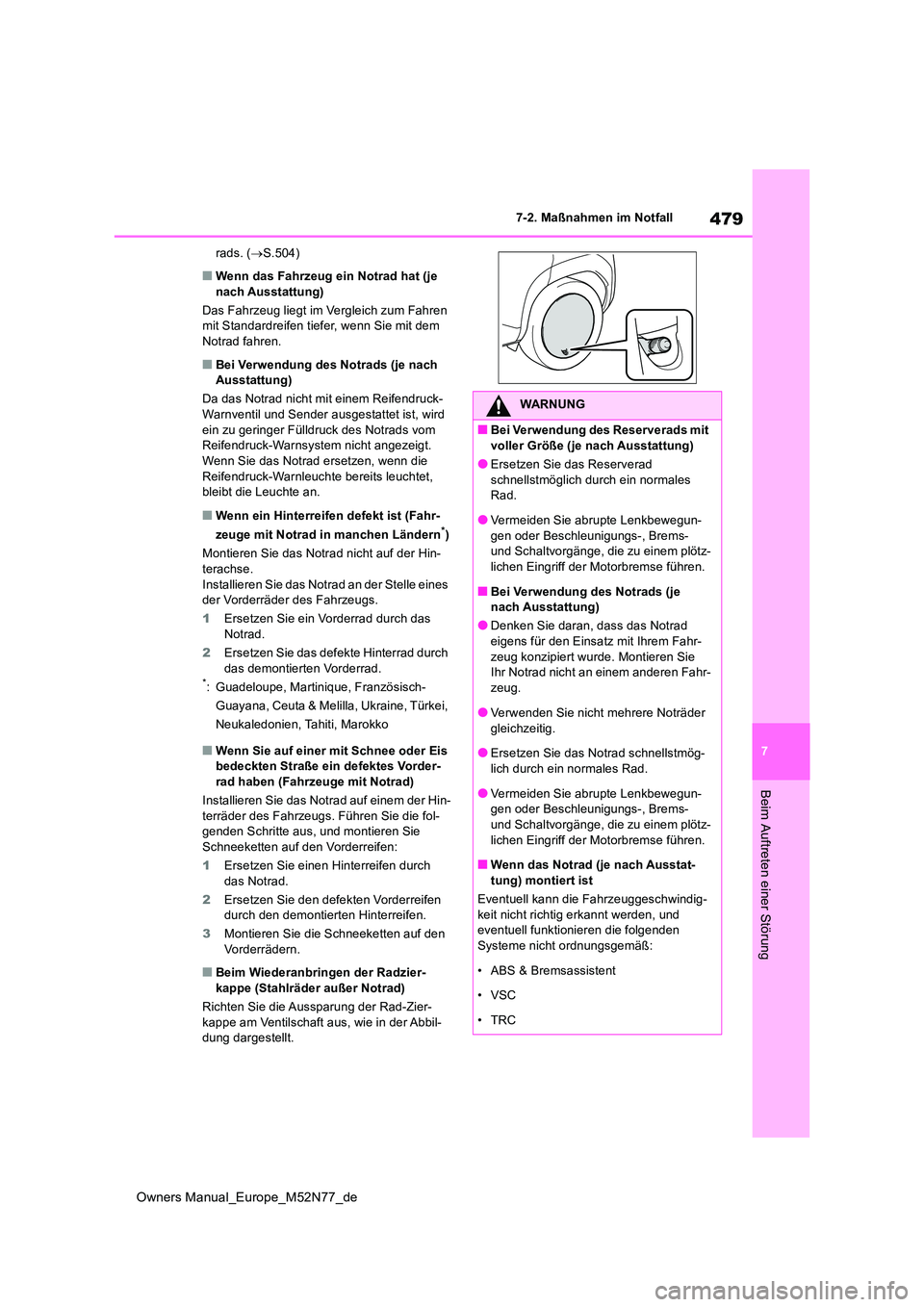 TOYOTA YARIS CROSS 2023 Betriebsanleitungen (in German) 479
7
Owners Manual_Europe_M52N77_de
7-2. Maßnahmen im Notfall
Beim Auftreten einer Störung
rads. (S.504)
■Wenn das Fahrzeug ein Notrad hat (je nach Ausstattung)
Das Fahrzeug liegt im Verglei TOYOTA YARIS CROSS 2023 Betriebsanleitungen (in German) 479
7
Owners Manual_Europe_M52N77_de
7-2. Maßnahmen im Notfall
Beim Auftreten einer Störung
rads. (S.504)
■Wenn das Fahrzeug ein Notrad hat (je nach Ausstattung)
Das Fahrzeug liegt im Verglei