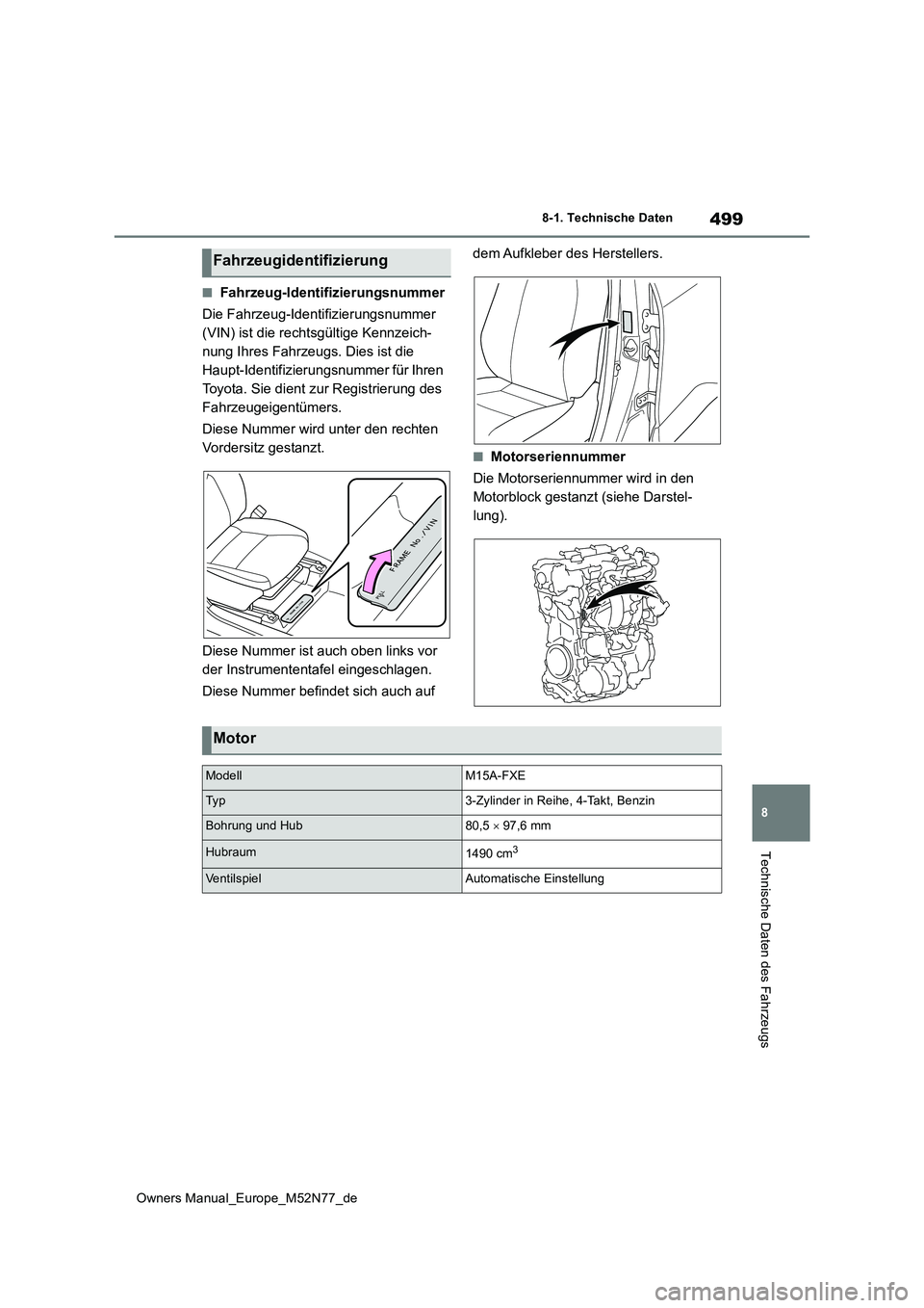 TOYOTA YARIS CROSS 2023  Betriebsanleitungen (in German) 499
8
Owners Manual_Europe_M52N77_de
8-1. Technische Daten
Technische Daten des Fahrzeugs
■Fahrzeug-Identifizierungsnummer 
Die Fahrzeug-Identifizierungsnummer  
(VIN) ist die rechtsgültige Kennzei