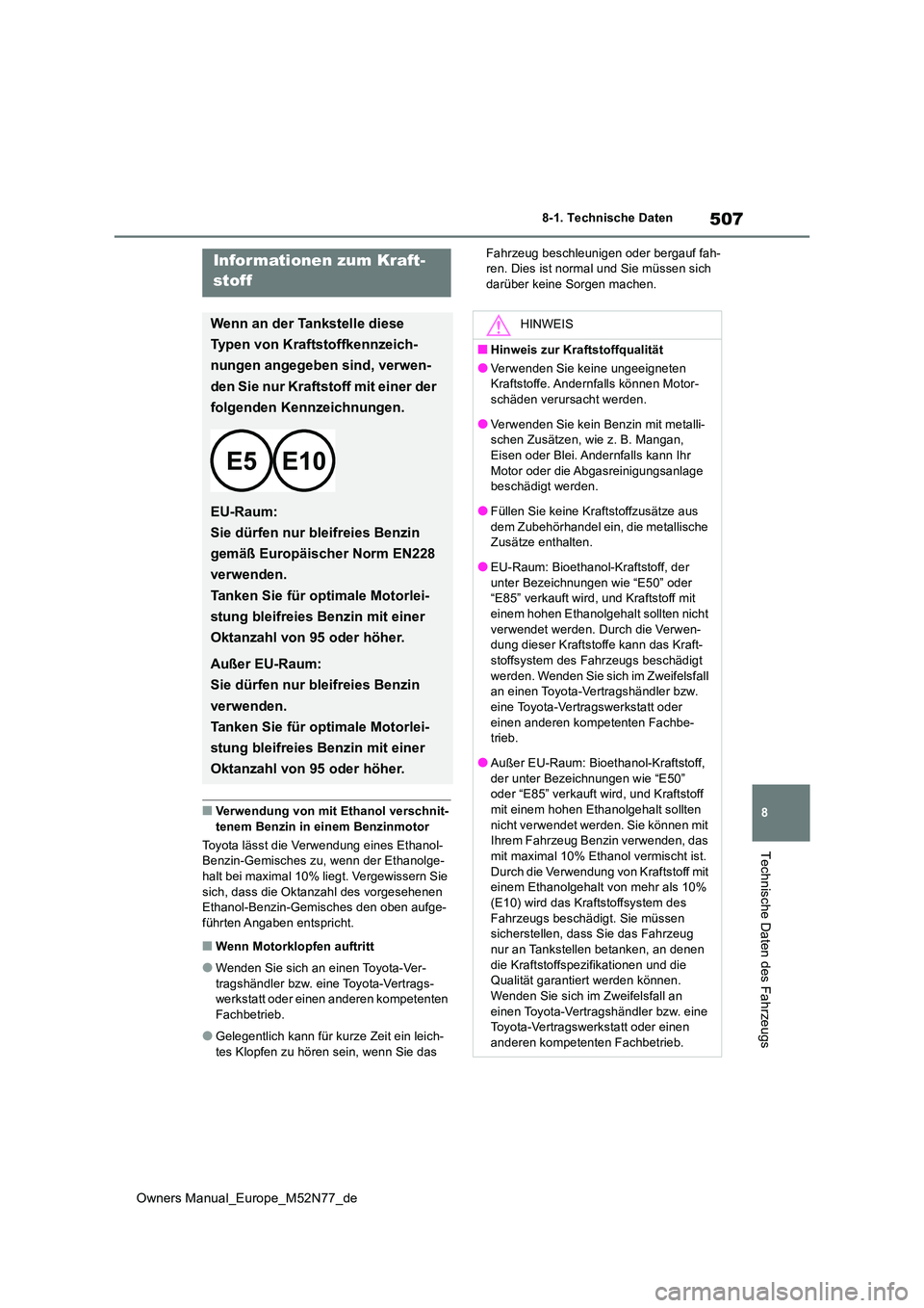 TOYOTA YARIS CROSS 2023  Betriebsanleitungen (in German) 507
8
Owners Manual_Europe_M52N77_de
8-1. Technische Daten
Technische Daten des Fahrzeugs
■Verwendung von mit Ethanol verschnit- tenem Benzin in einem Benzinmotor 
Toyota lässt die Verwendung eines