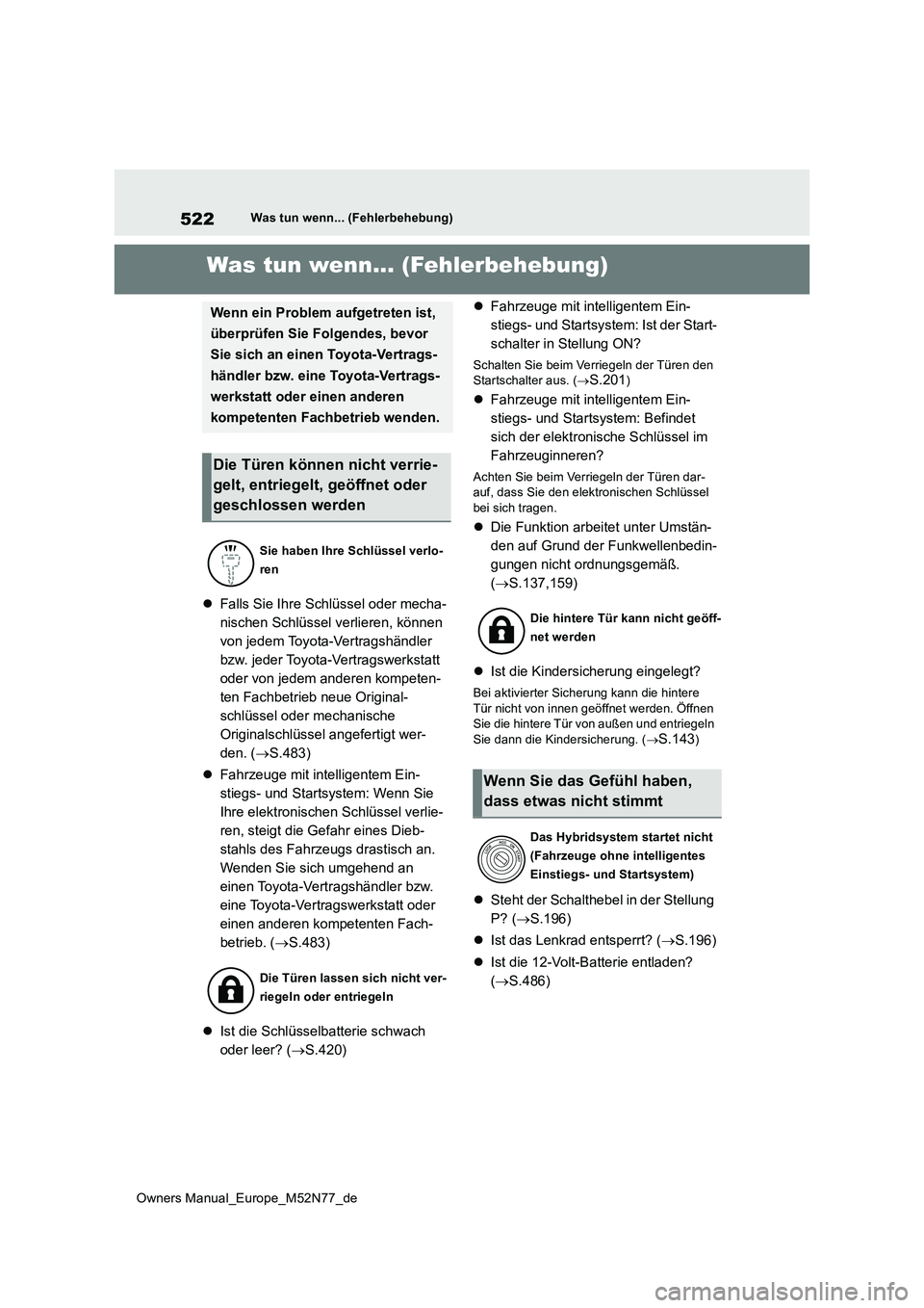TOYOTA YARIS CROSS 2023 Betriebsanleitungen (in German) 522
Owners Manual_Europe_M52N77_de
Was tun wenn... (Fehlerbehebung)
1-1.Was tun wenn... (Fe hle rbe hebun g)Was tun wenn... (Fehlerbehebung)
Falls Sie Ihre Schlüssel oder mecha-
nischen Schlüsse TOYOTA YARIS CROSS 2023 Betriebsanleitungen (in German) 522
Owners Manual_Europe_M52N77_de
Was tun wenn... (Fehlerbehebung)
1-1.Was tun wenn... (Fe hle rbe hebun g)Was tun wenn... (Fehlerbehebung)
Falls Sie Ihre Schlüssel oder mecha-
nischen Schlüsse