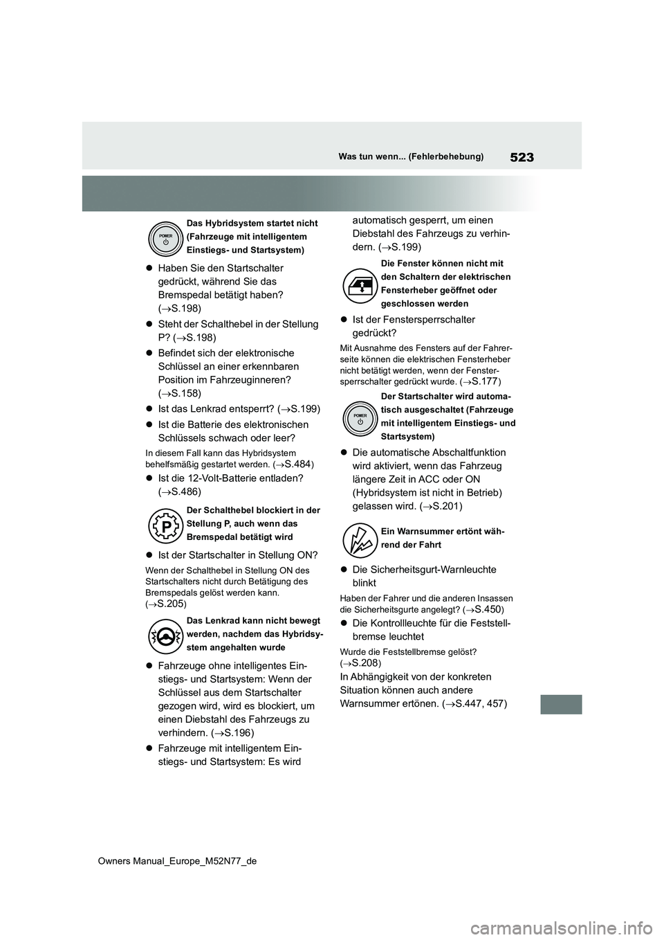 TOYOTA YARIS CROSS 2023 Betriebsanleitungen (in German) 523
Owners Manual_Europe_M52N77_de
Was tun wenn... (Fehlerbehebung)
Haben Sie den Startschalter
gedrückt, während Sie das
Bremspedal betätigt haben?
( S.198)
Steht der Schalthebel in TOYOTA YARIS CROSS 2023 Betriebsanleitungen (in German) 523
Owners Manual_Europe_M52N77_de
Was tun wenn... (Fehlerbehebung)
Haben Sie den Startschalter
gedrückt, während Sie das
Bremspedal betätigt haben?
( S.198)
Steht der Schalthebel in