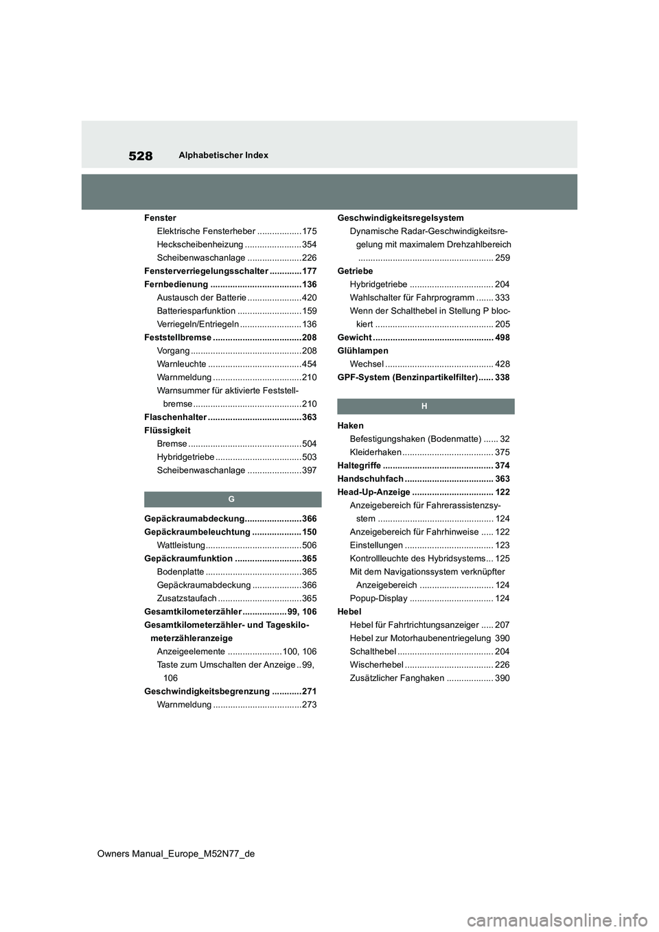 TOYOTA YARIS CROSS 2023 Betriebsanleitungen (in German) 528
Owners Manual_Europe_M52N77_de
Alphabetischer Index
Fenster
Elektrische Fensterheber .................. 175
Heckscheibenheizung ....................... 354
Scheibenwaschanlage .................. TOYOTA YARIS CROSS 2023 Betriebsanleitungen (in German) 528
Owners Manual_Europe_M52N77_de
Alphabetischer Index
Fenster
Elektrische Fensterheber .................. 175
Heckscheibenheizung ....................... 354
Scheibenwaschanlage ..................