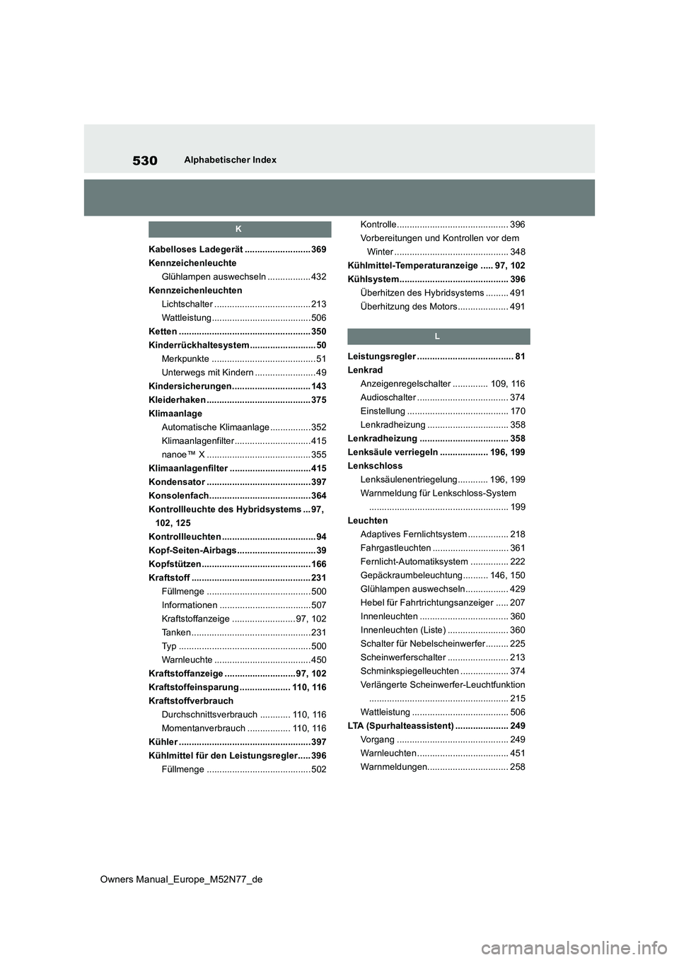 TOYOTA YARIS CROSS 2023 Betriebsanleitungen (in German) 530
Owners Manual_Europe_M52N77_de
Alphabetischer Index
K
Kabelloses Ladegerät .......................... 369
Kennzeichenleuchte
Glühlampen auswechseln ................. 432
Kennzeichenleuchten
Lic TOYOTA YARIS CROSS 2023 Betriebsanleitungen (in German) 530
Owners Manual_Europe_M52N77_de
Alphabetischer Index
K
Kabelloses Ladegerät .......................... 369
Kennzeichenleuchte
Glühlampen auswechseln ................. 432
Kennzeichenleuchten
Lic