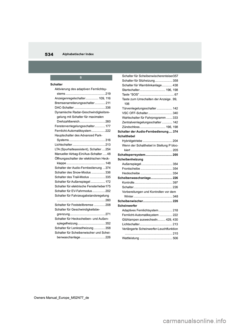 TOYOTA YARIS CROSS 2023 Betriebsanleitungen (in German) 534
Owners Manual_Europe_M52N77_de
Alphabetischer Index
S
Schalter
Aktivierung des adaptiven Fernlichtsy-
stems .............................................. 219
Anzeigenregelschalter............... TOYOTA YARIS CROSS 2023 Betriebsanleitungen (in German) 534
Owners Manual_Europe_M52N77_de
Alphabetischer Index
S
Schalter
Aktivierung des adaptiven Fernlichtsy-
stems .............................................. 219
Anzeigenregelschalter...............