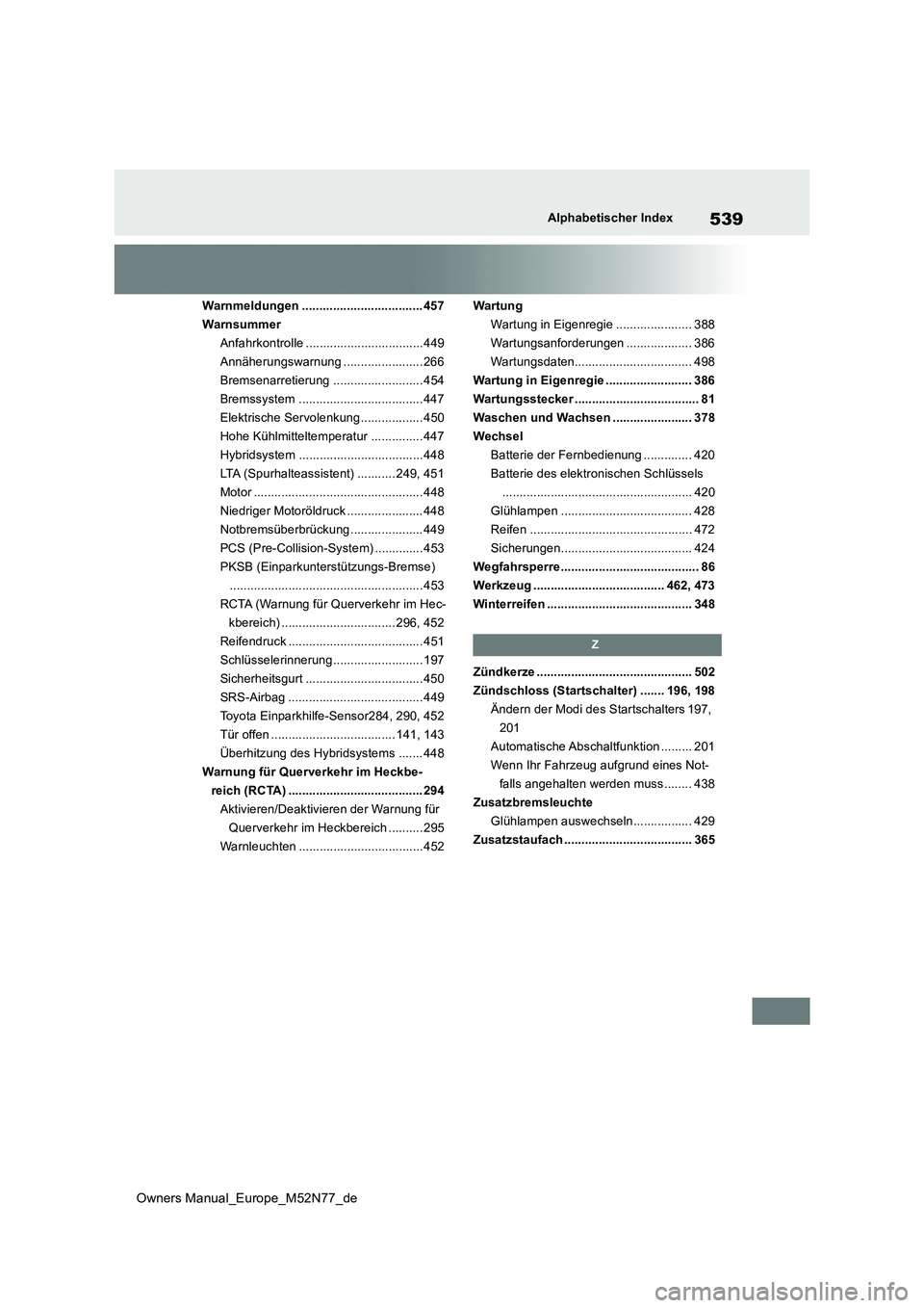 TOYOTA YARIS CROSS 2023 Betriebsanleitungen (in German) 539
Owners Manual_Europe_M52N77_de
Alphabetischer Index
Warnmeldungen ................................... 457
Warnsummer
Anfahrkontrolle ..................................449
Annäherungswarnung .... TOYOTA YARIS CROSS 2023 Betriebsanleitungen (in German) 539
Owners Manual_Europe_M52N77_de
Alphabetischer Index
Warnmeldungen ................................... 457
Warnsummer
Anfahrkontrolle ..................................449
Annäherungswarnung ....
