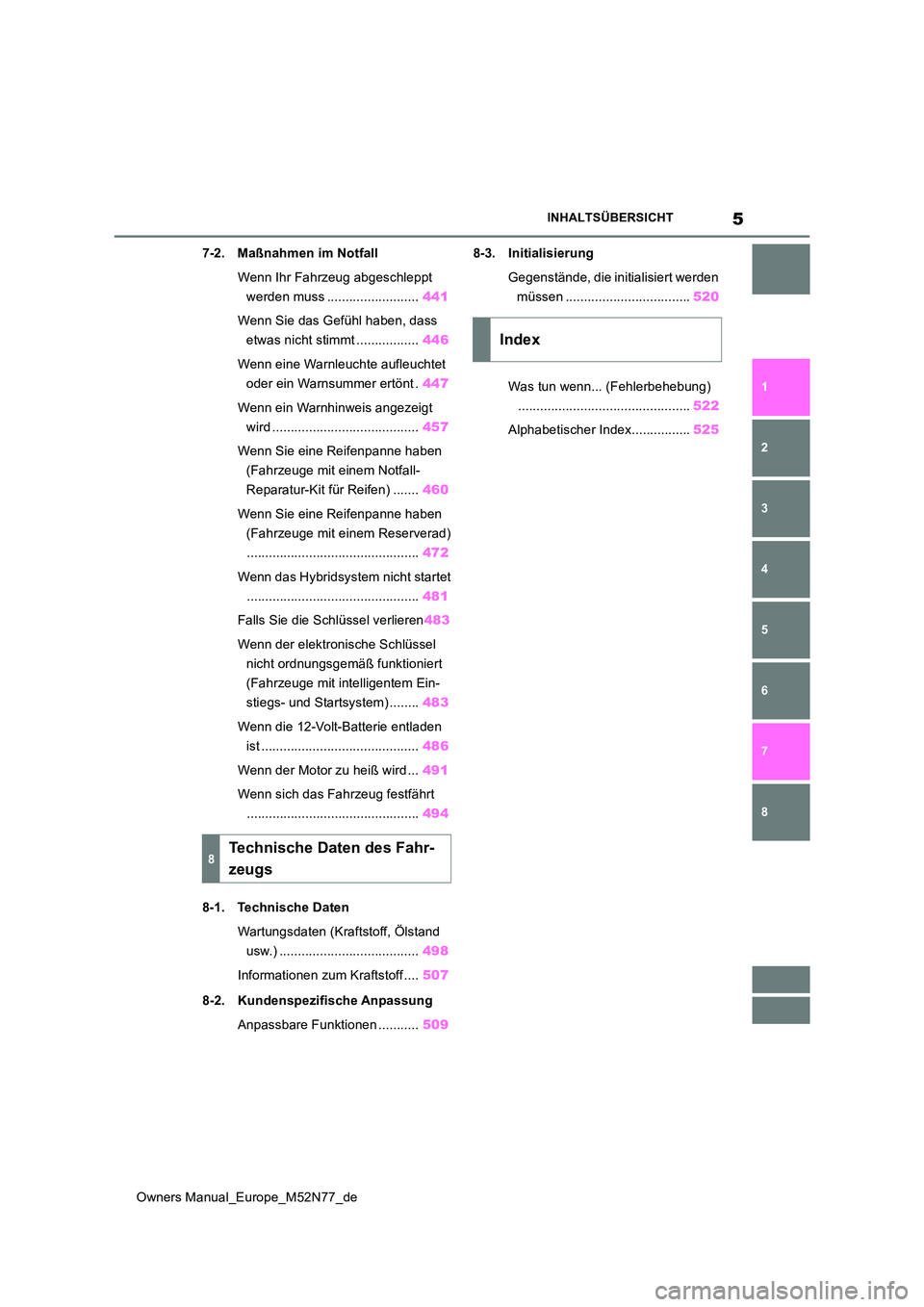 TOYOTA YARIS CROSS 2023  Betriebsanleitungen (in German) 5
Owners Manual_Europe_M52N77_de
INHALTSÜBERSICHT
1 
6 
5
4
3
2
8
7
7-2. Maßnahmen im Notfall 
Wenn Ihr Fahrzeug abgeschleppt  
werden muss ......................... 441 
Wenn Sie das Gefühl haben,