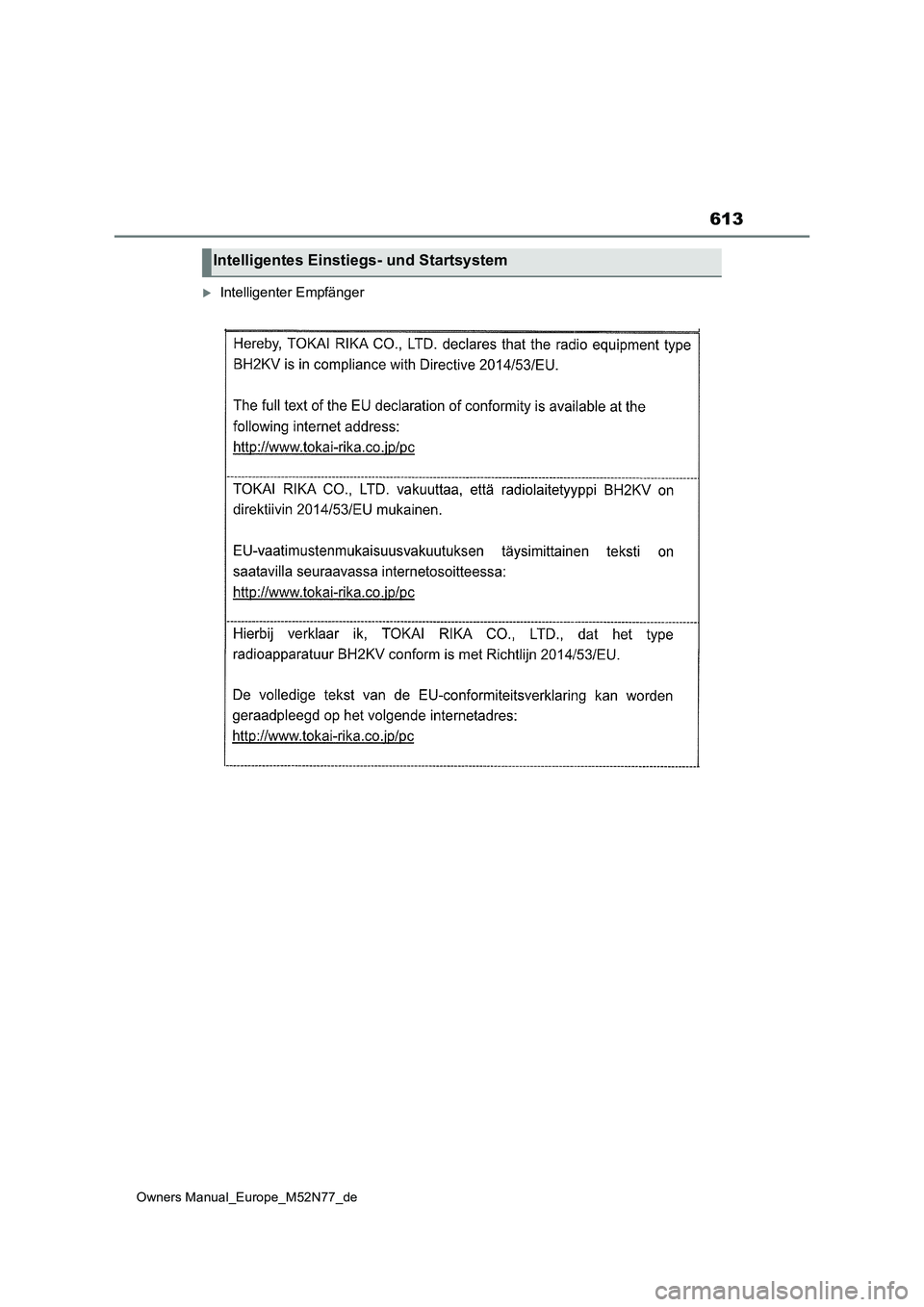 TOYOTA YARIS CROSS 2023 Betriebsanleitungen (in German) 613
Owners Manual_Europe_M52N77_de
Intelligenter Empfänger
Intelligentes Einstiegs- und Startsystem TOYOTA YARIS CROSS 2023 Betriebsanleitungen (in German) 613
Owners Manual_Europe_M52N77_de
Intelligenter Empfänger
Intelligentes Einstiegs- und Startsystem