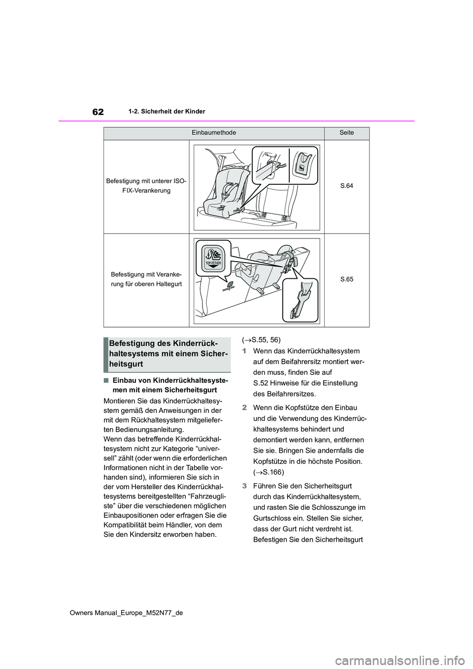 TOYOTA YARIS CROSS 2023 Betriebsanleitungen (in German) 62
Owners Manual_Europe_M52N77_de
1-2. Sicherheit der Kinder
■Einbau von Kinderrückhaltesyste-
men mit einem Sicherheitsgurt
Montieren Sie das Kinderrückhaltesy-
stem gemäß den Anweisungen in TOYOTA YARIS CROSS 2023 Betriebsanleitungen (in German) 62
Owners Manual_Europe_M52N77_de
1-2. Sicherheit der Kinder
■Einbau von Kinderrückhaltesyste-
men mit einem Sicherheitsgurt
Montieren Sie das Kinderrückhaltesy-
stem gemäß den Anweisungen in
