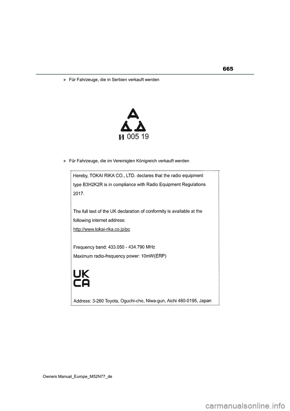 TOYOTA YARIS CROSS 2023 Betriebsanleitungen (in German) 665
Owners Manual_Europe_M52N77_de
Für Fahrzeuge, die in Serbien verkauft werden
Für Fahrzeuge, die im Vereinigten Königreich verkauft werden TOYOTA YARIS CROSS 2023 Betriebsanleitungen (in German) 665
Owners Manual_Europe_M52N77_de
Für Fahrzeuge, die in Serbien verkauft werden
Für Fahrzeuge, die im Vereinigten Königreich verkauft werden