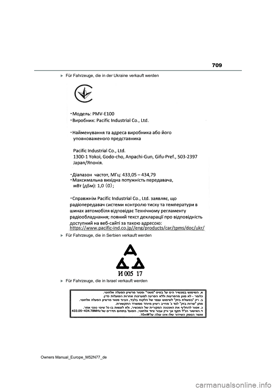 TOYOTA YARIS CROSS 2023 Betriebsanleitungen (in German) 709
Owners Manual_Europe_M52N77_de
Für Fahrzeuge, die in der Ukraine verkauft werden
Für Fahrzeuge, die in Serbien verkauft werden
Für Fahrzeuge, die in Israel verkauft werden TOYOTA YARIS CROSS 2023 Betriebsanleitungen (in German) 709
Owners Manual_Europe_M52N77_de
Für Fahrzeuge, die in der Ukraine verkauft werden
Für Fahrzeuge, die in Serbien verkauft werden
Für Fahrzeuge, die in Israel verkauft werden