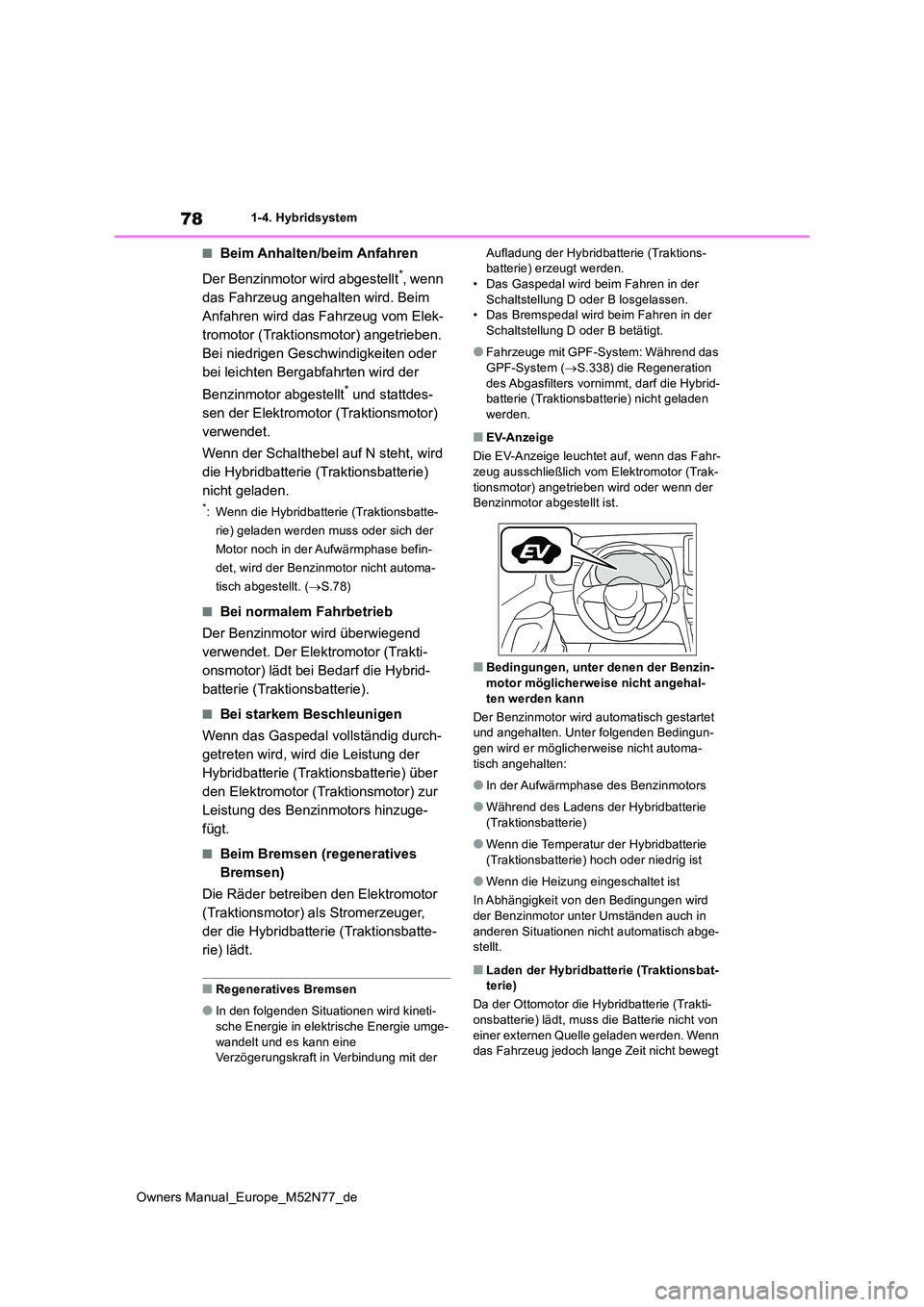 TOYOTA YARIS CROSS 2023 Betriebsanleitungen (in German) 78
Owners Manual_Europe_M52N77_de
1-4. Hybridsystem
■Beim Anhalten/beim Anfahren
Der Benzinmotor wird abgestellt*, wenn
das Fahrzeug angehalten wird. Beim
Anfahren wird das Fahrzeug vom Elek-
tr TOYOTA YARIS CROSS 2023 Betriebsanleitungen (in German) 78
Owners Manual_Europe_M52N77_de
1-4. Hybridsystem
■Beim Anhalten/beim Anfahren
Der Benzinmotor wird abgestellt*, wenn
das Fahrzeug angehalten wird. Beim
Anfahren wird das Fahrzeug vom Elek-
tr