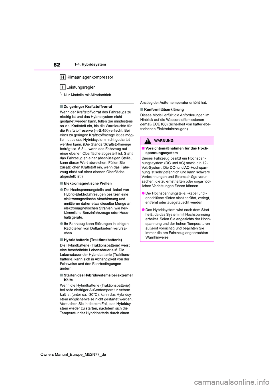 TOYOTA YARIS CROSS 2023 Betriebsanleitungen (in German) 82
Owners Manual_Europe_M52N77_de
1-4. Hybridsystem
Klimaanlagenkompressor
Leistungsregler
*: Nur Modelle mit Allradantrieb
■Zu geringer Kraftstoffvorrat
Wenn der Kraftstoffvorrat des Fahrzeugs zu TOYOTA YARIS CROSS 2023 Betriebsanleitungen (in German) 82
Owners Manual_Europe_M52N77_de
1-4. Hybridsystem
Klimaanlagenkompressor
Leistungsregler
*: Nur Modelle mit Allradantrieb
■Zu geringer Kraftstoffvorrat
Wenn der Kraftstoffvorrat des Fahrzeugs zu