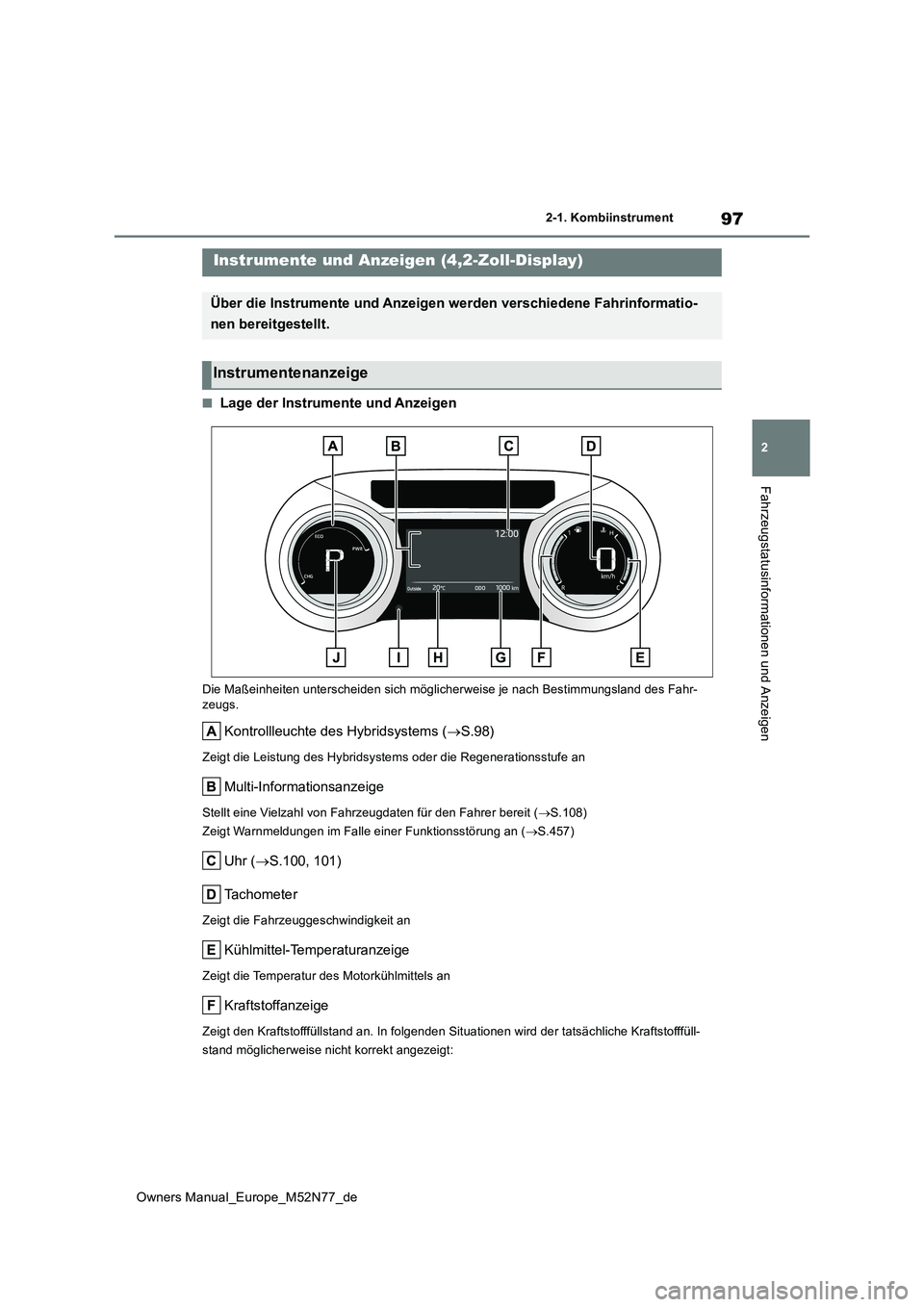 TOYOTA YARIS CROSS 2023 Betriebsanleitungen (in German) 97
2
Owners Manual_Europe_M52N77_de
2-1. Kombiinstrument
Fahrzeugstatusinformationen und Anzeigen
■Lage der Instrumente und Anzeigen
Die Maßeinheiten unterscheiden sich möglicherweise je nach Best TOYOTA YARIS CROSS 2023 Betriebsanleitungen (in German) 97
2
Owners Manual_Europe_M52N77_de
2-1. Kombiinstrument
Fahrzeugstatusinformationen und Anzeigen
■Lage der Instrumente und Anzeigen
Die Maßeinheiten unterscheiden sich möglicherweise je nach Best