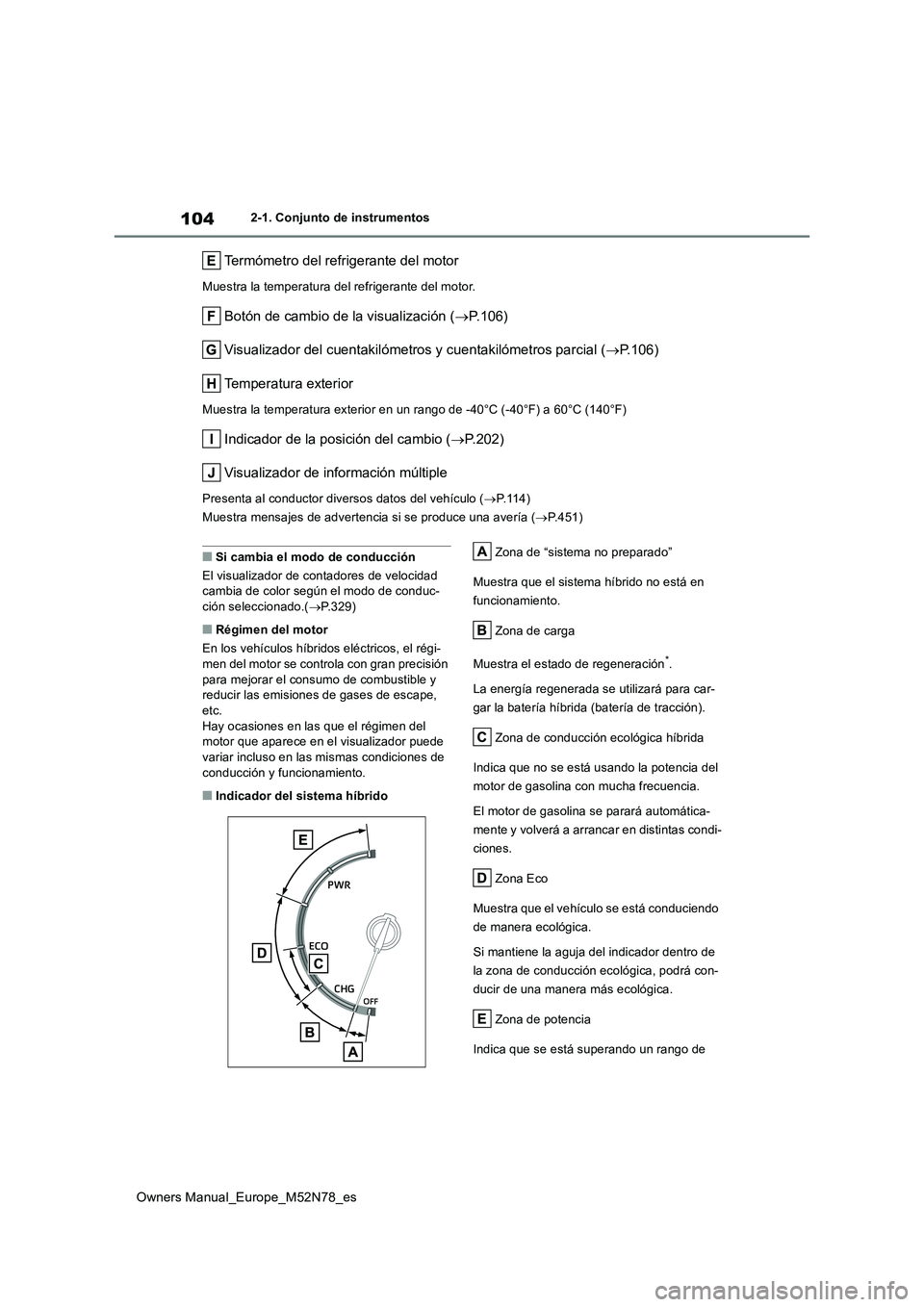 TOYOTA YARIS CROSS 2023 Manual del propietario (in Spanish) 104
Owners Manual_Europe_M52N78_es
2-1. Conjunto de instrumentos
Termómetro del refrigerante del motor
Muestra la temperatura del refrigerante del motor.
Botón de cambio de la visualización (P.1 TOYOTA YARIS CROSS 2023 Manual del propietario (in Spanish) 104
Owners Manual_Europe_M52N78_es
2-1. Conjunto de instrumentos
Termómetro del refrigerante del motor
Muestra la temperatura del refrigerante del motor.
Botón de cambio de la visualización (P.1